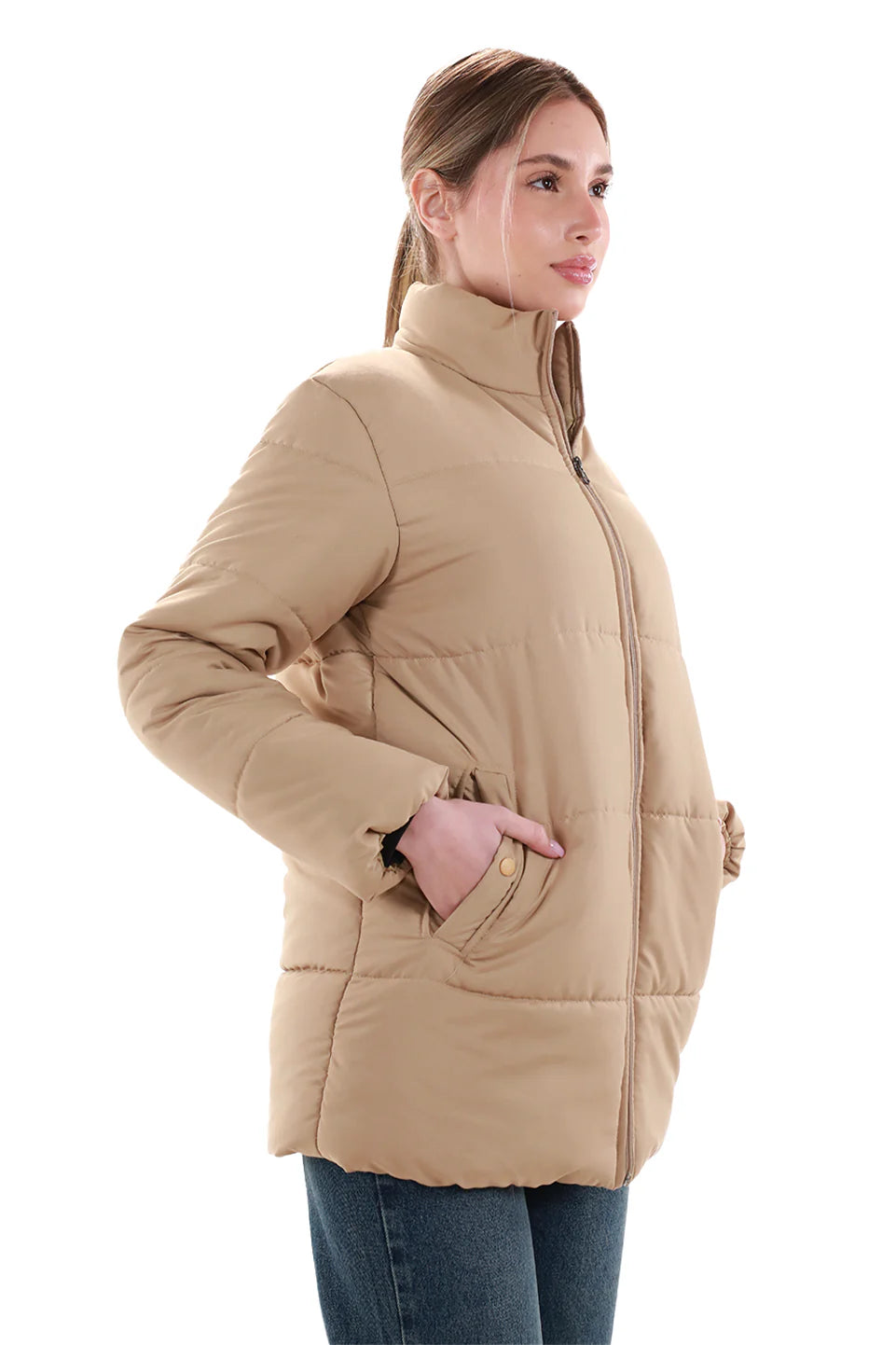 Beige Puffer Jacket With Stand Up Collar