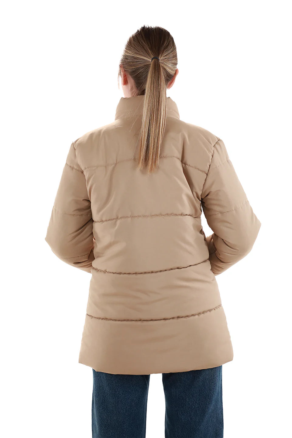 Beige Puffer Jacket With Stand Up Collar