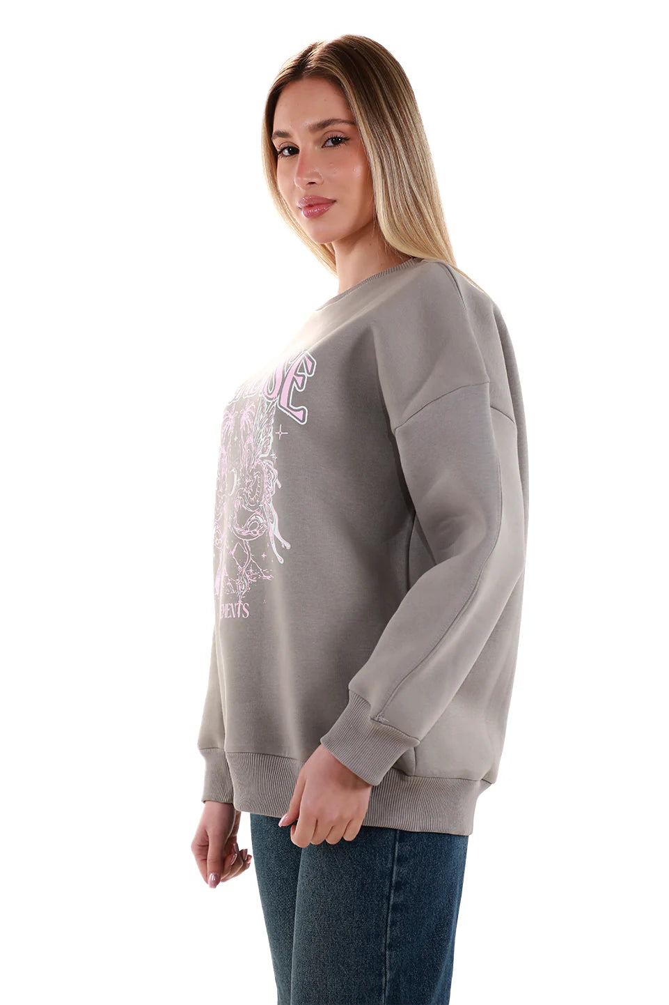 Long Sleeved Grey Sweater with Printed Front Design