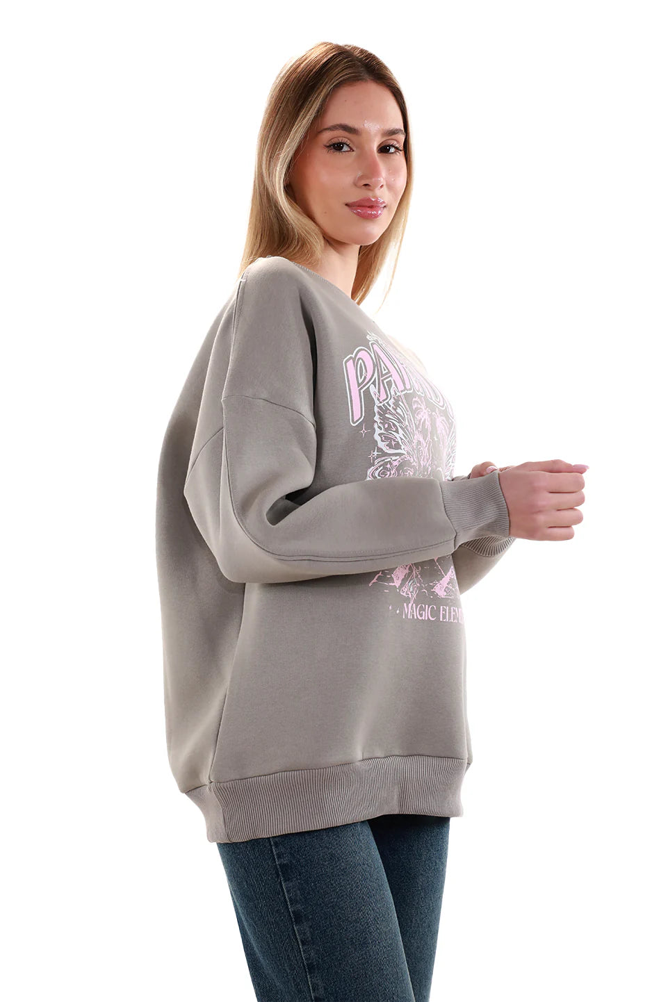 Long Sleeved Grey Sweater with Printed Front Design