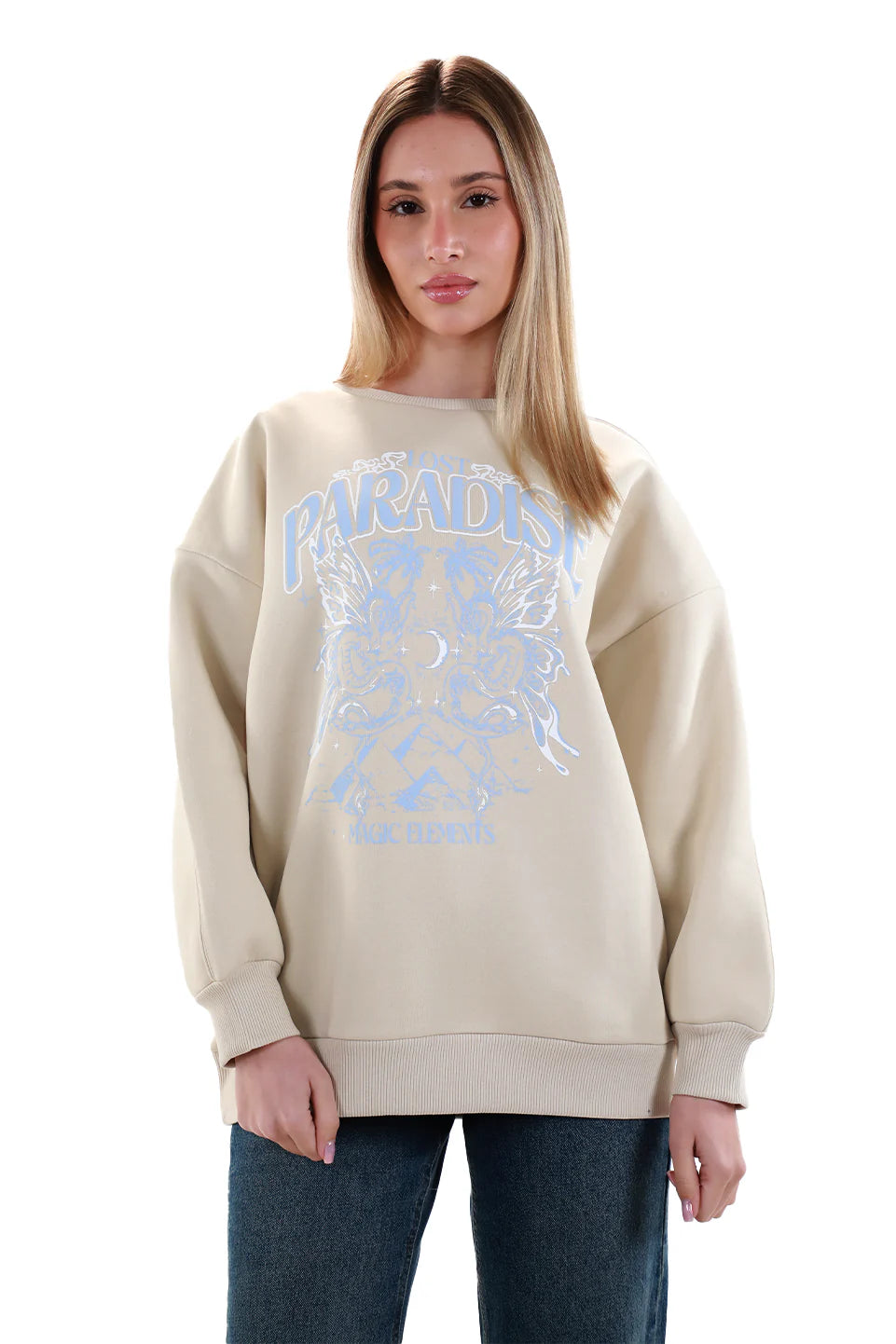 Long Sleeved Beige Sweater with Printed Front Design