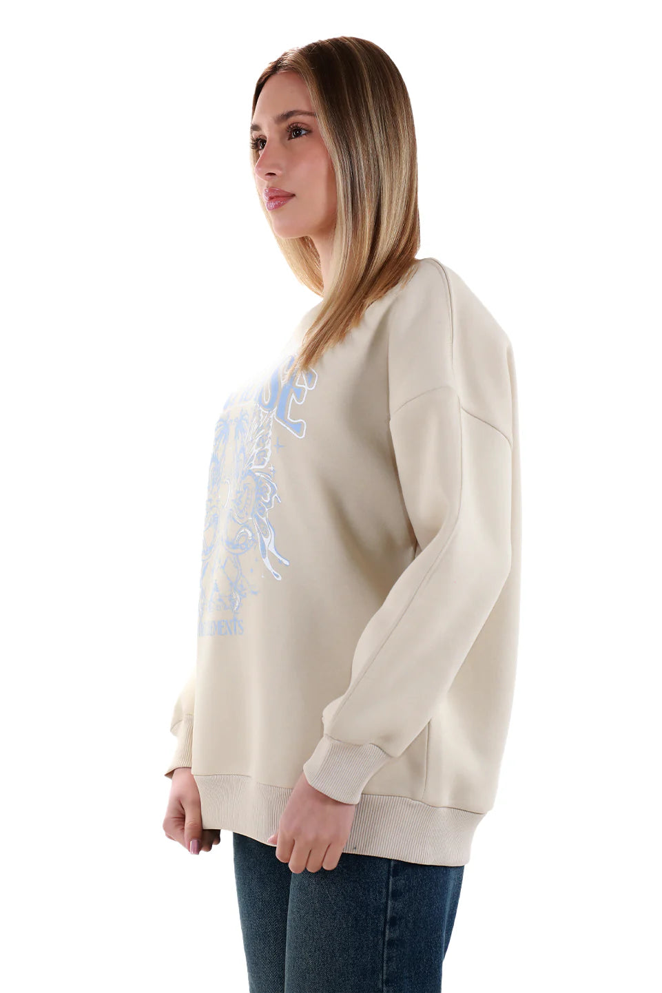 Long Sleeved Beige Sweater with Printed Front Design