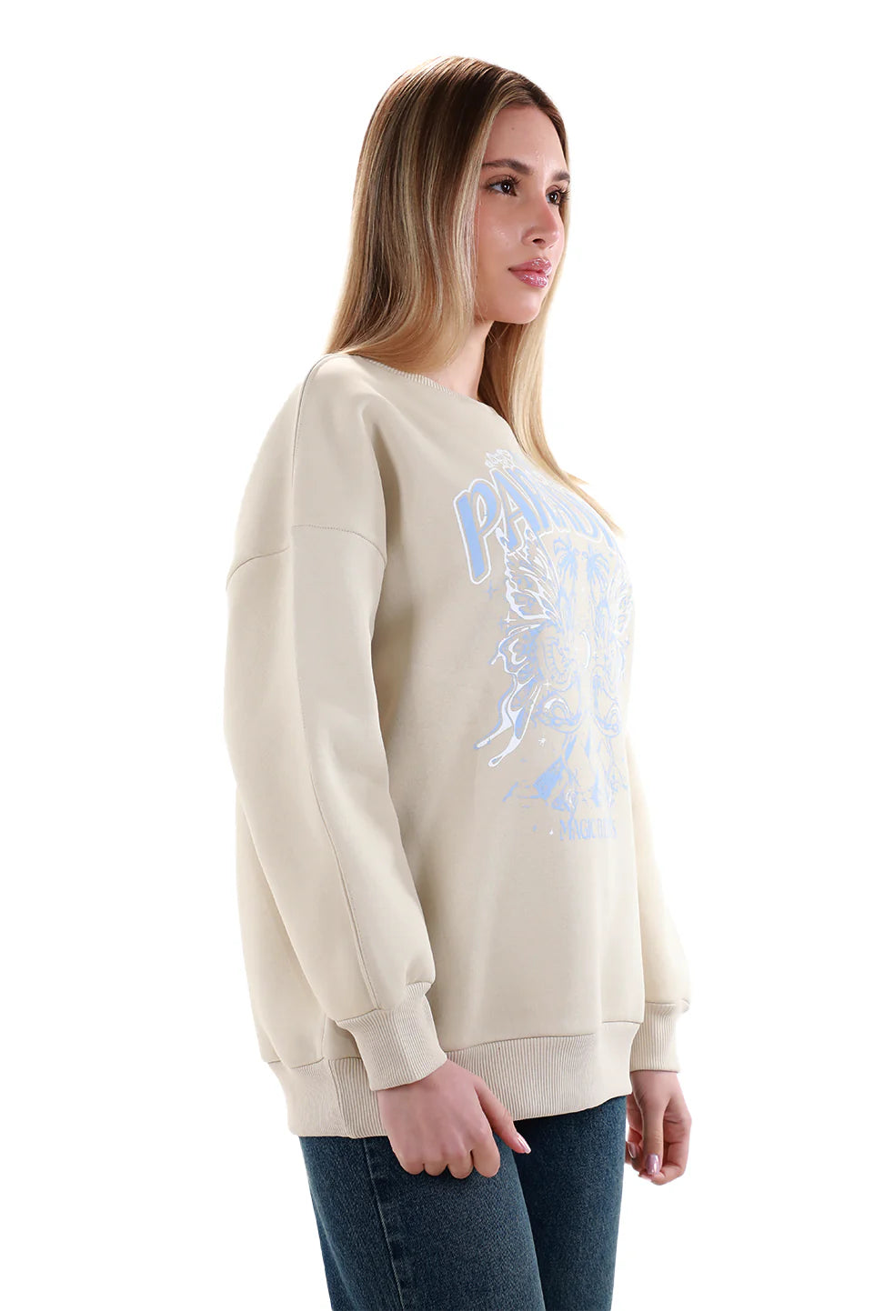 Long Sleeved Beige Sweater with Printed Front Design