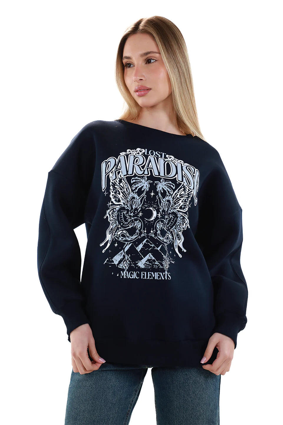 Long Sleeved Navy Sweater with Printed Front Design