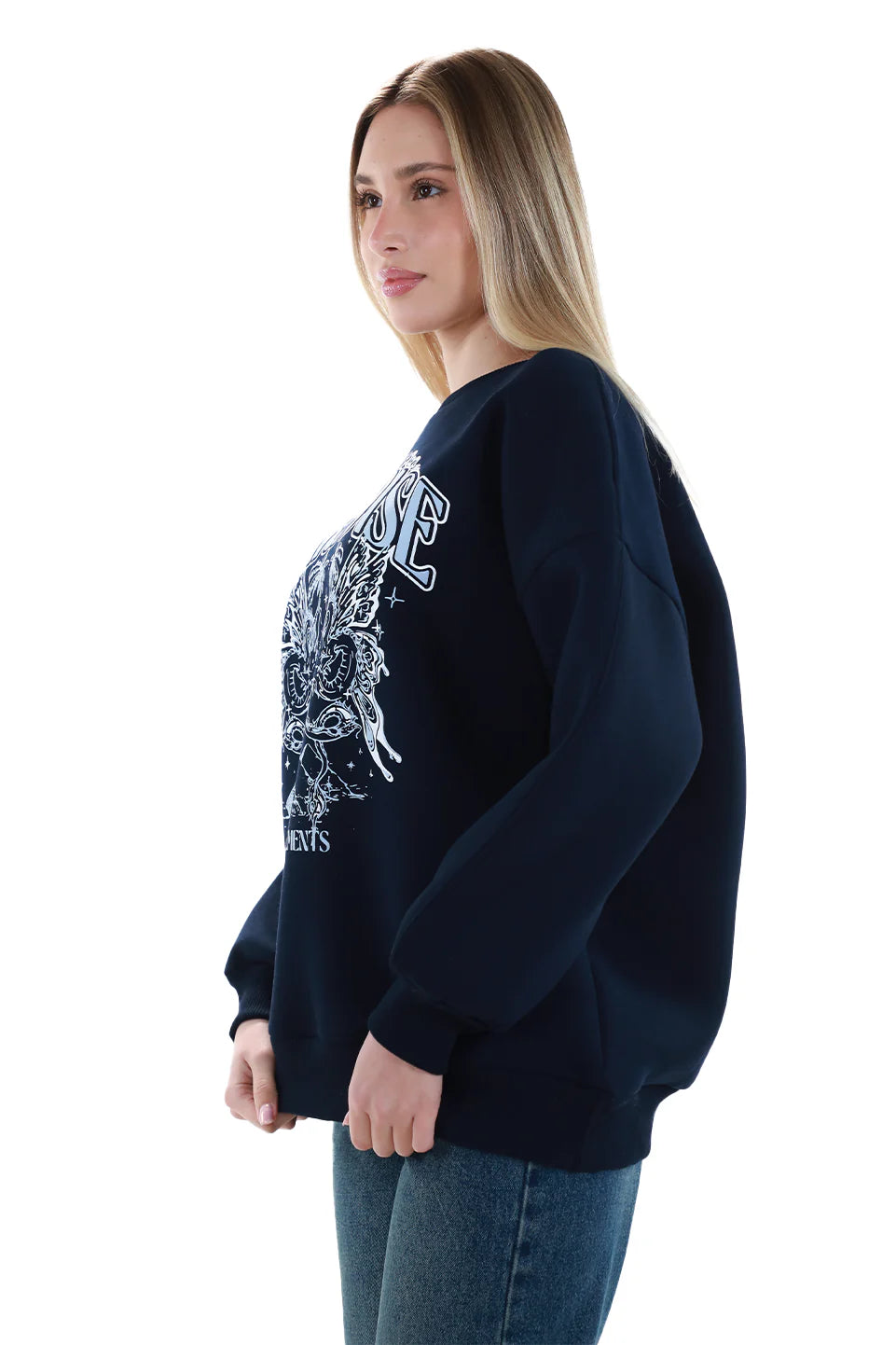 Long Sleeved Navy Sweater with Printed Front Design