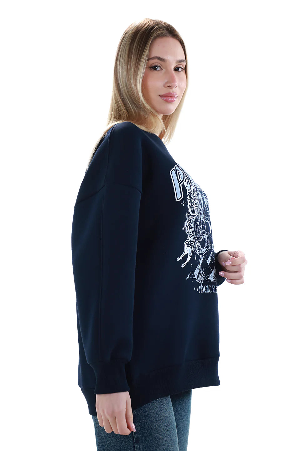 Long Sleeved Navy Sweater with Printed Front Design