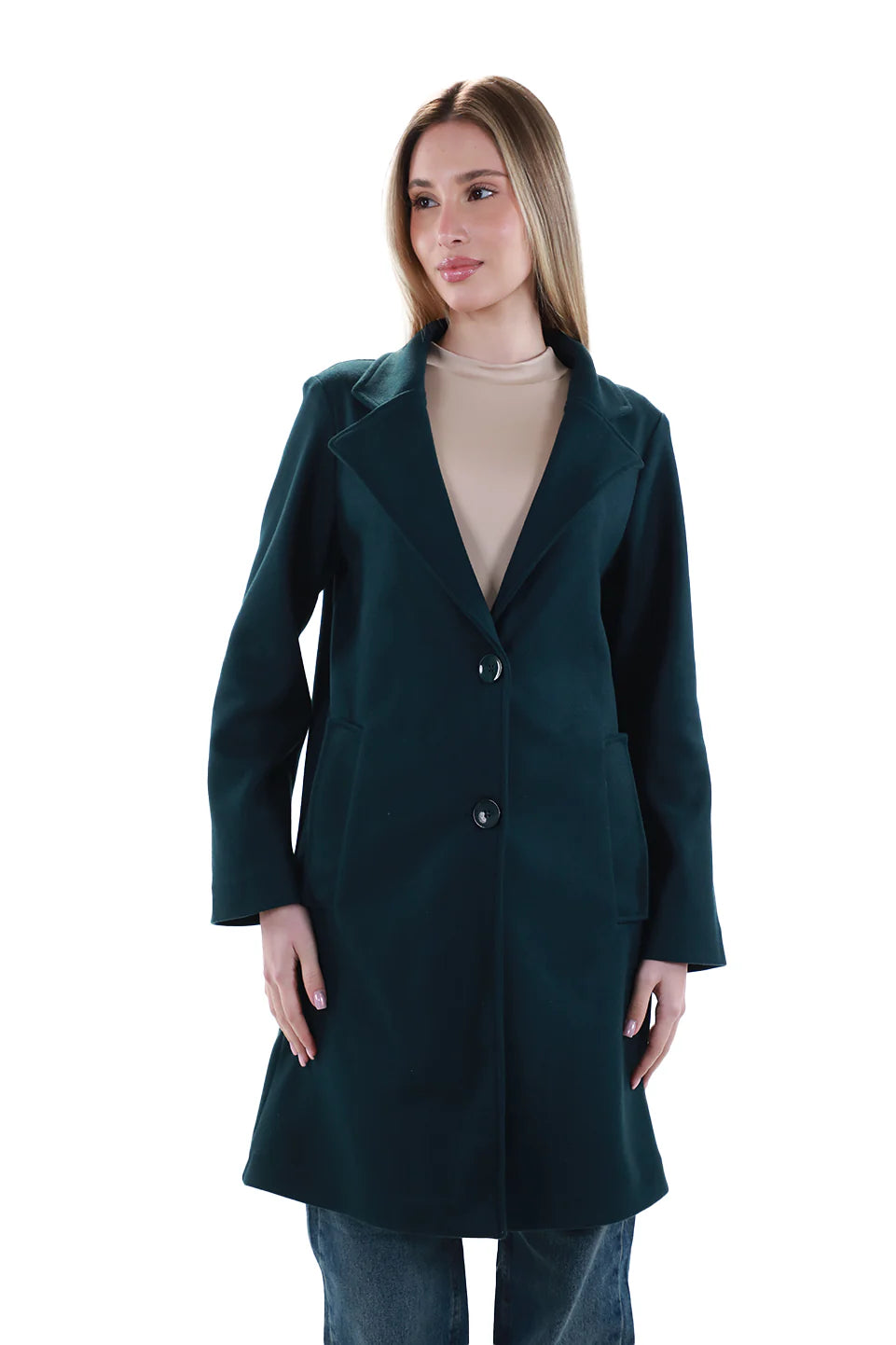 Dark Green Buttoned Coat With Slanted Pockets