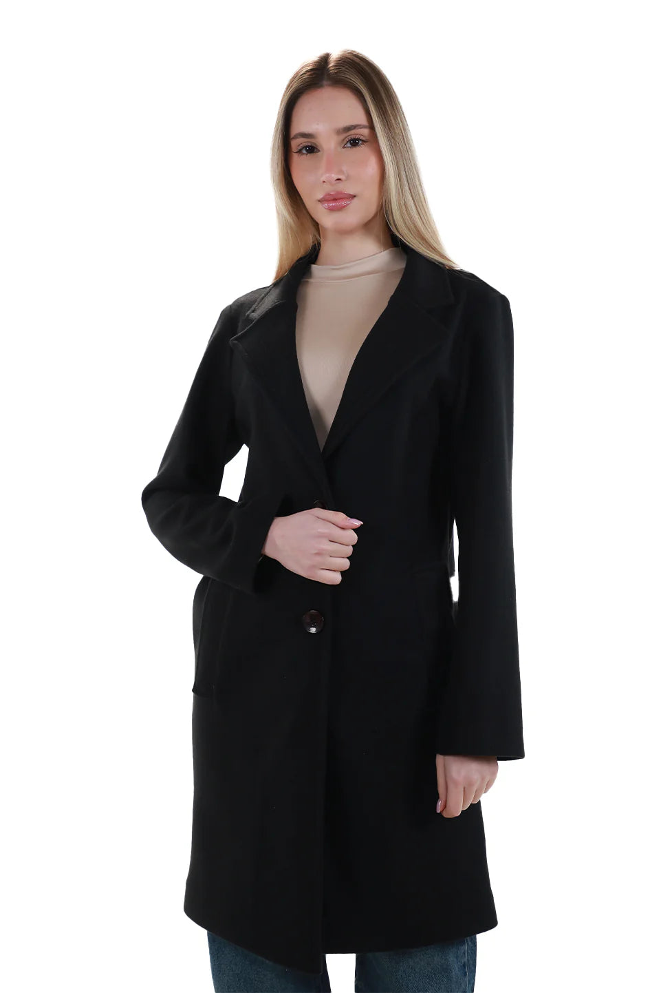 Black Buttoned Coat With Slanted Pockets