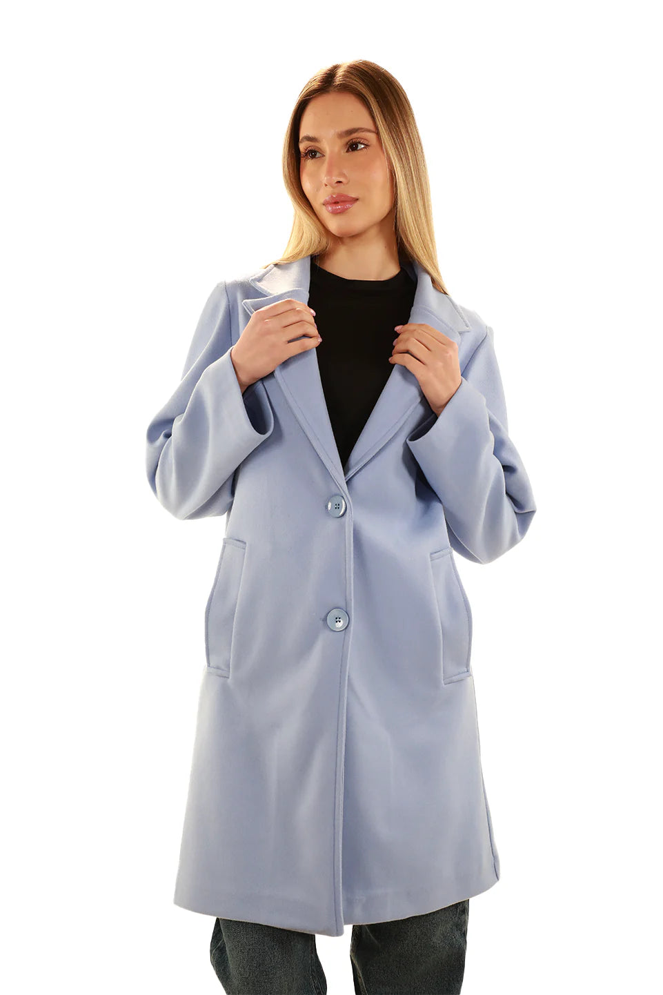 Blue Buttoned Coat With Slanted Pockets