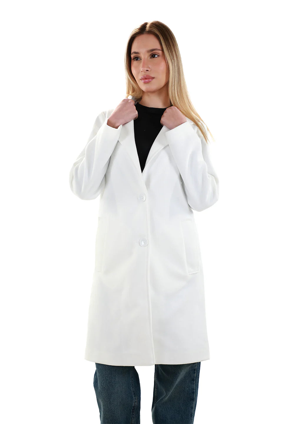 White Buttoned Coat With Slanted Pockets