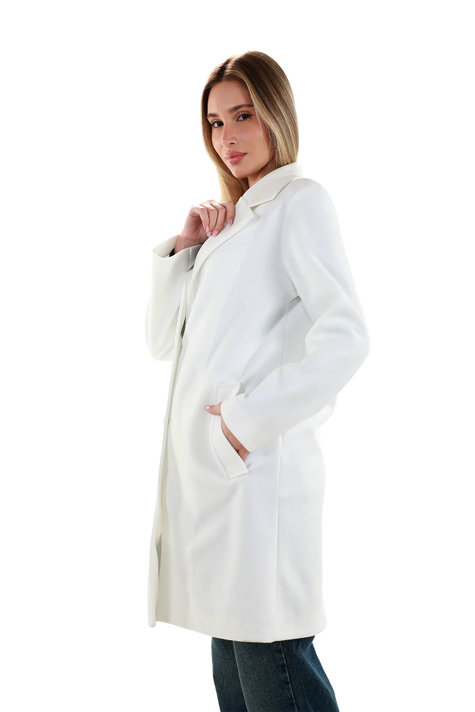 White Buttoned Coat With Slanted Pockets