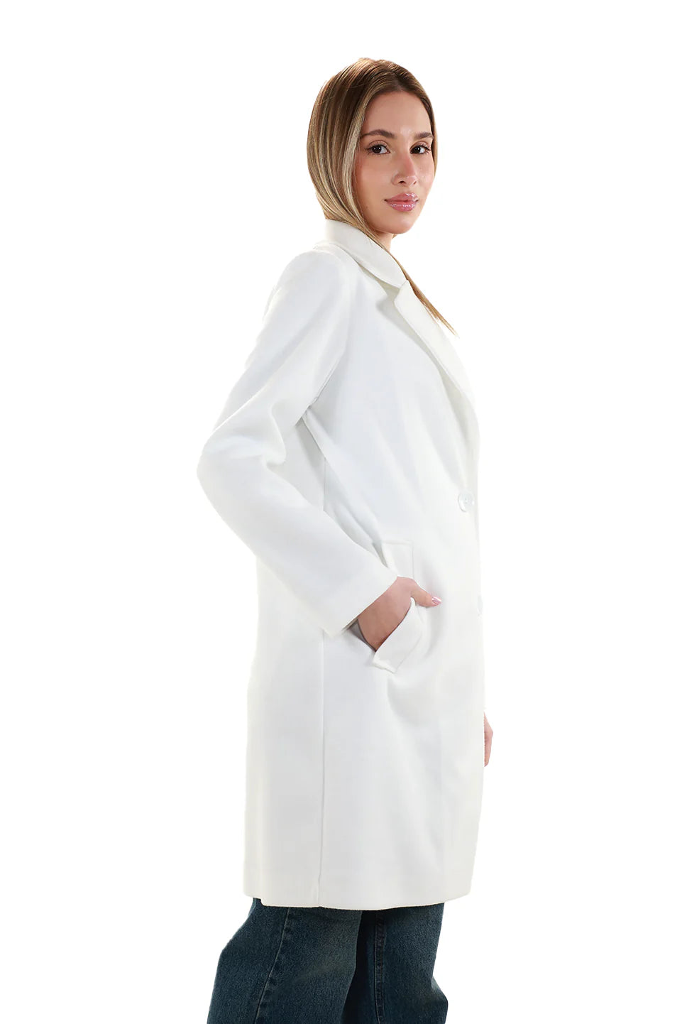 White Buttoned Coat With Slanted Pockets