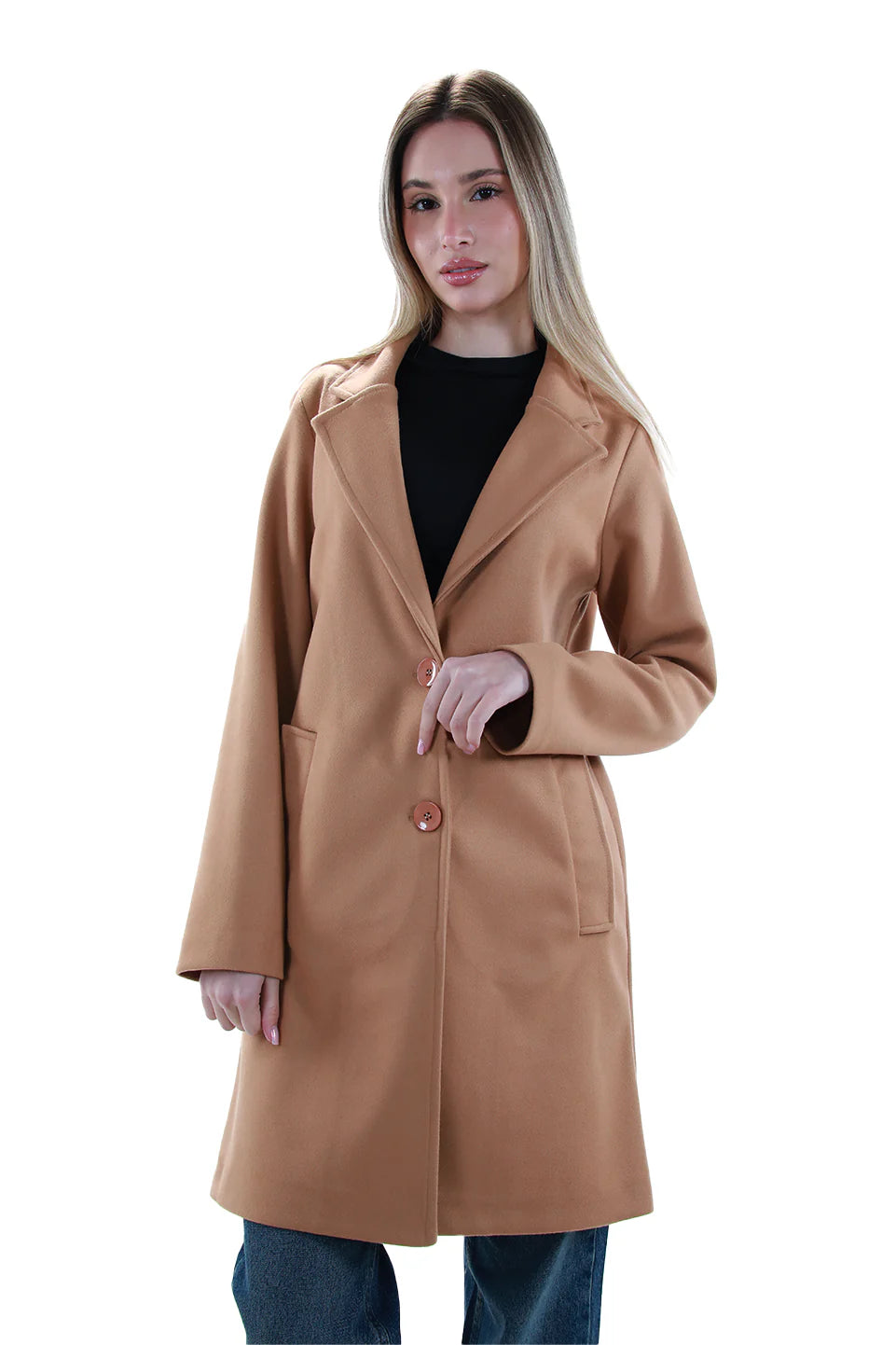 Camel Buttoned Coat With Slanted Pockets