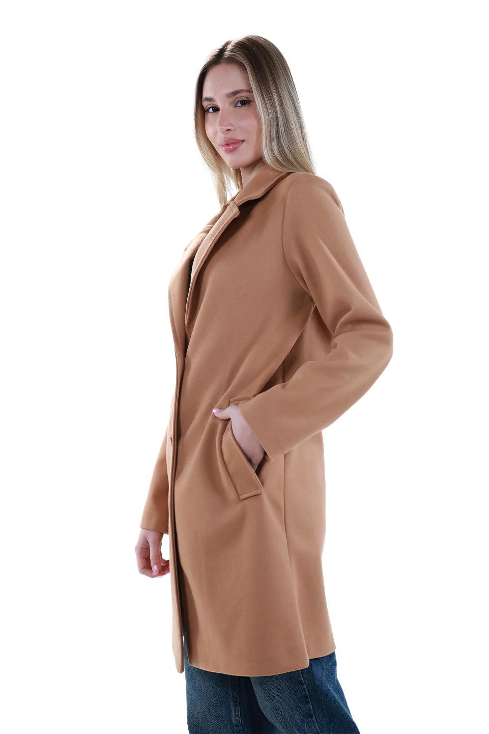 Camel Buttoned Coat With Slanted Pockets