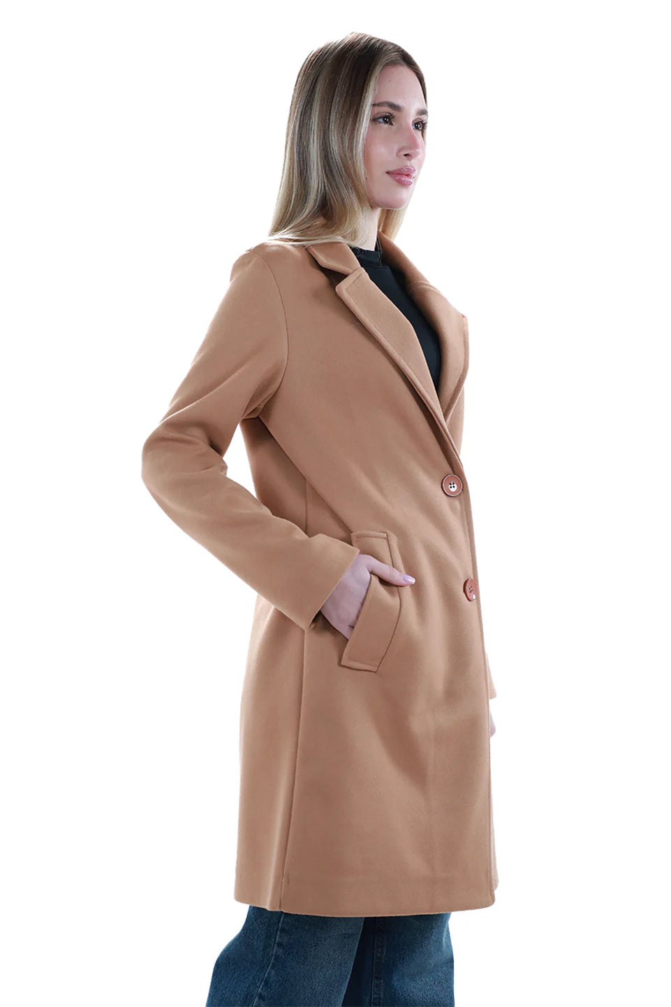 Camel Buttoned Coat With Slanted Pockets