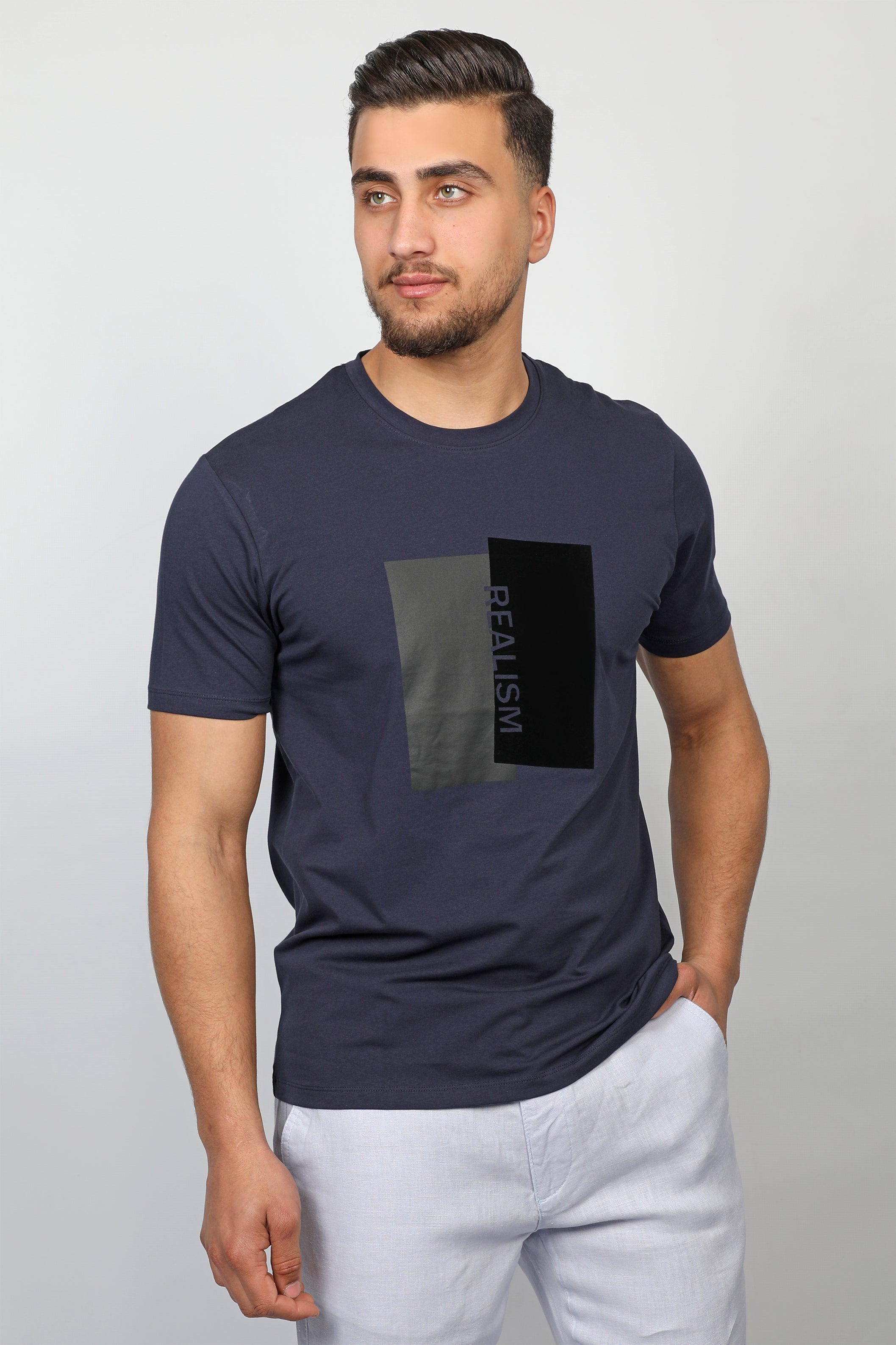 Men Dark Navy T-shirt Realism Designed