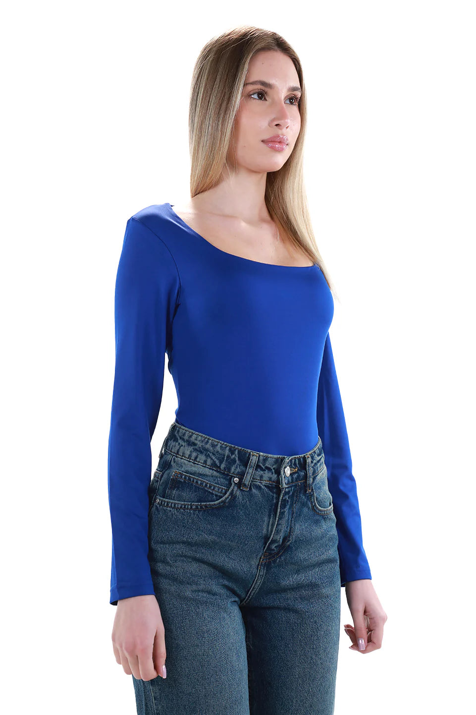 Long Sleeved Blue Open Neck Basic