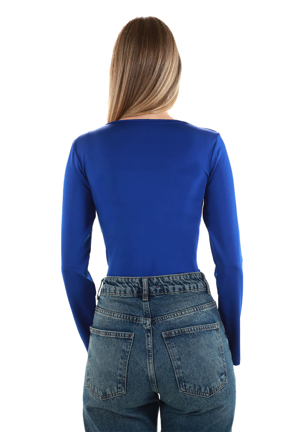 Long Sleeved Blue Open Neck Basic