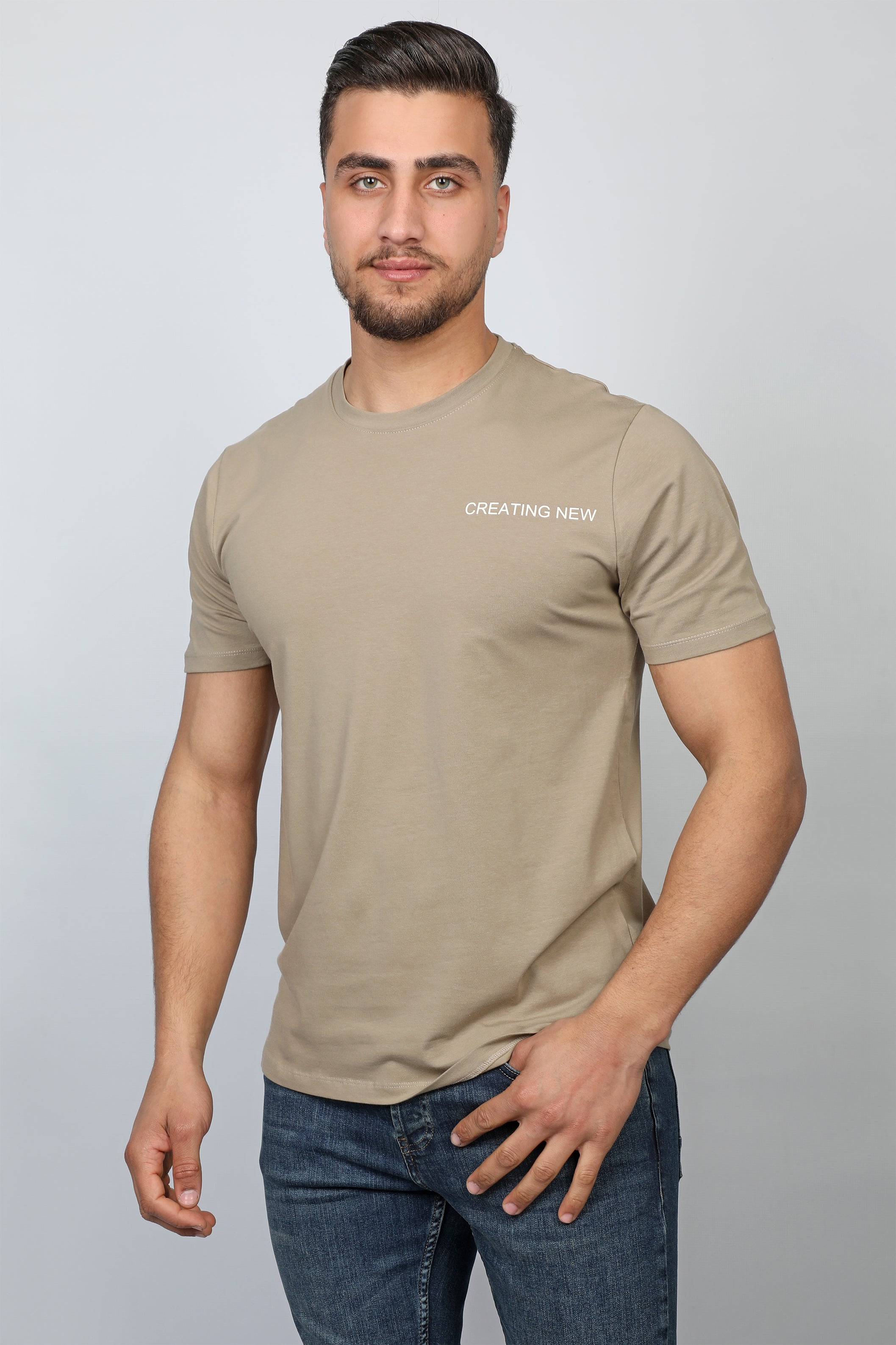 Men Light Khaki T-shirt Front and Lower Back Design