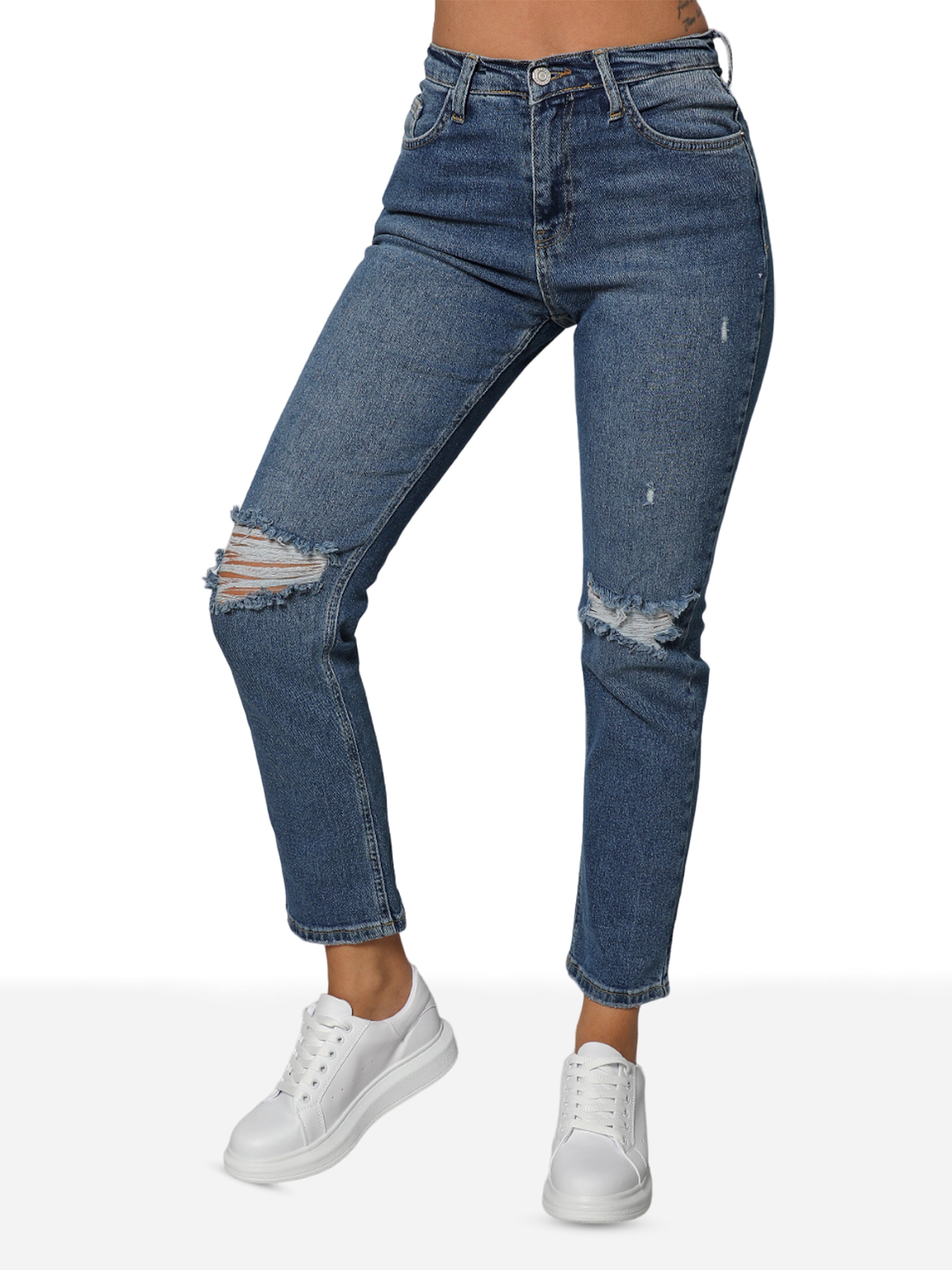 Women Blue Mom-Fit Ripped Designed Jeans