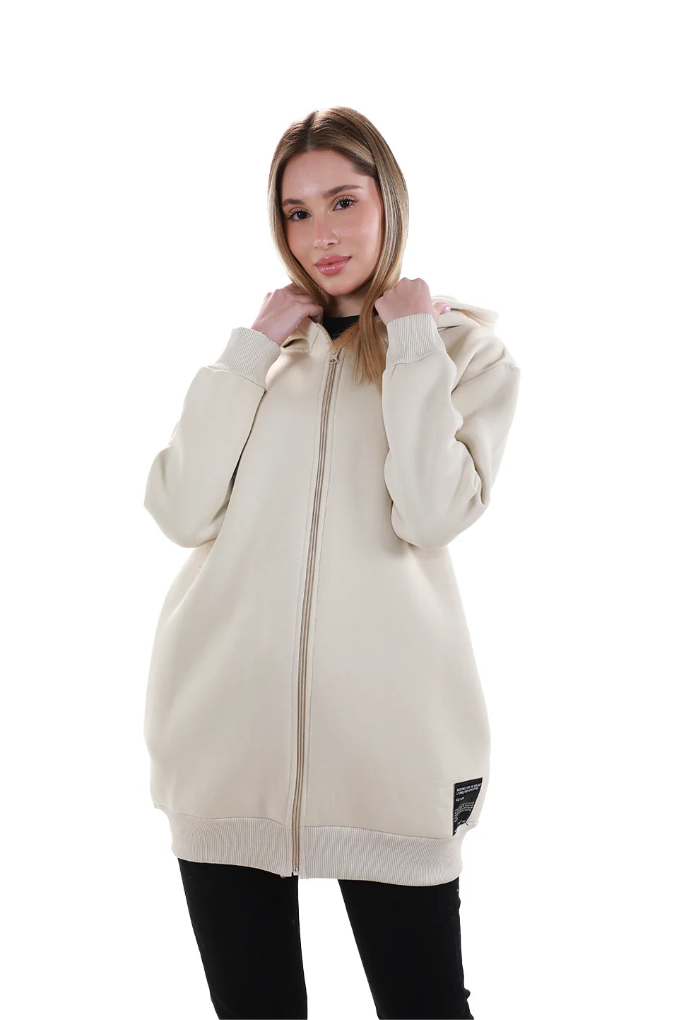 Long Beige Zippered Jacket Fleece Inside