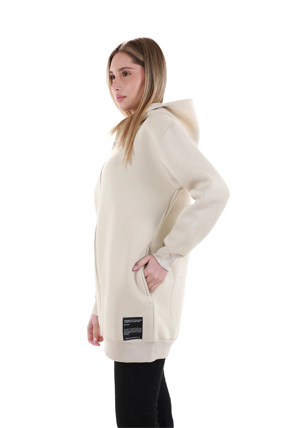 Long Beige Zippered Jacket Fleece Inside