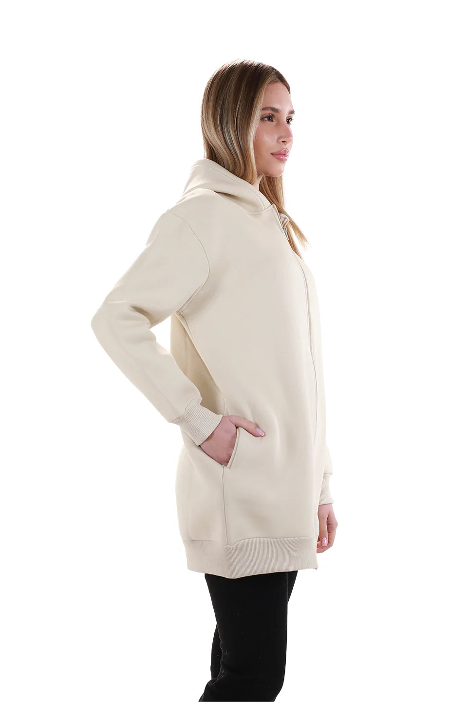 Long Beige Zippered Jacket Fleece Inside