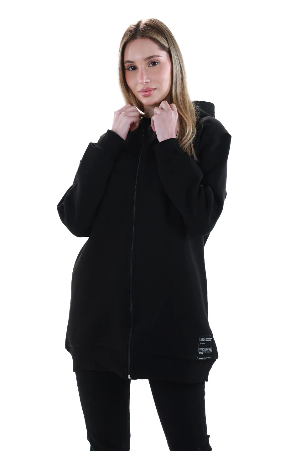 Long Black Zippered Jacket Fleece Inside