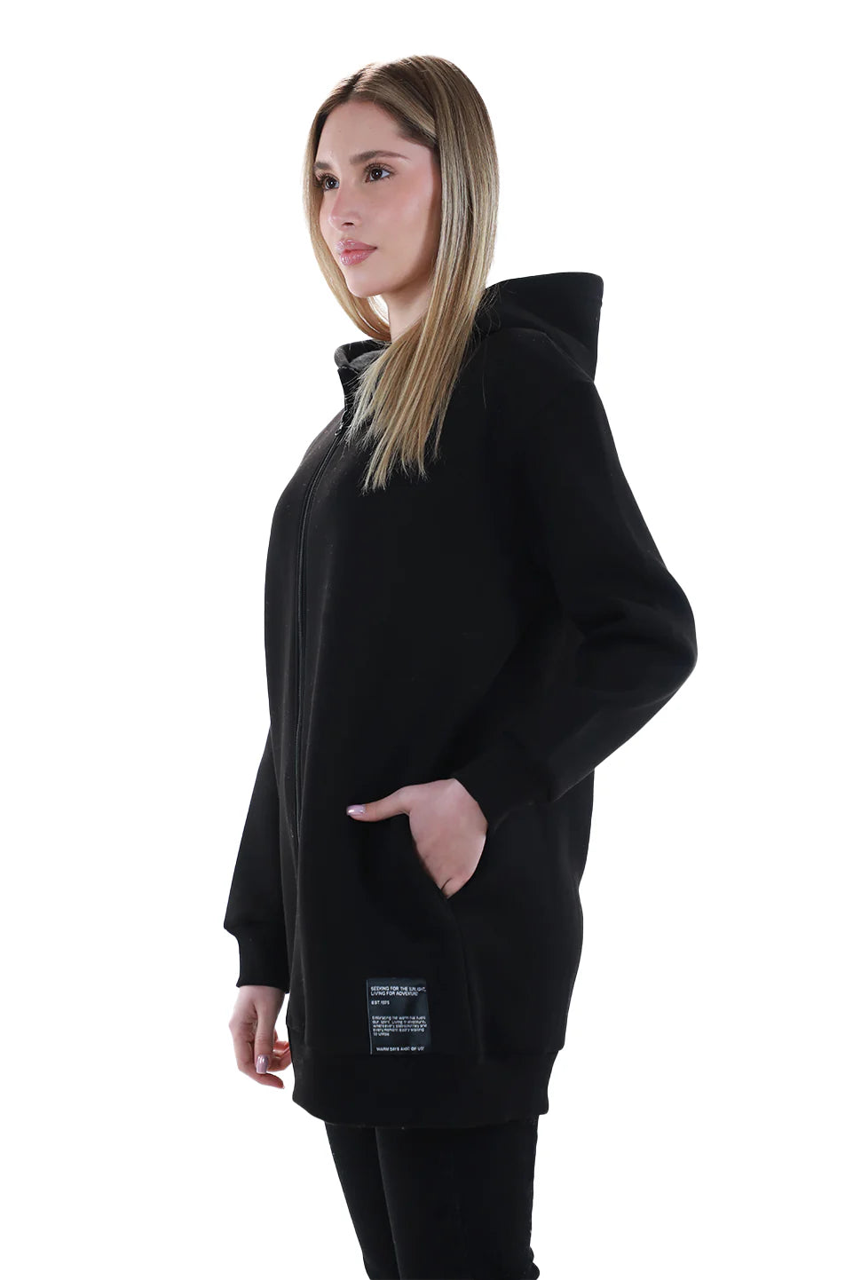 Long Black Zippered Jacket Fleece Inside