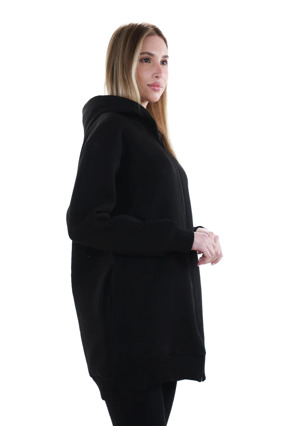 Long Black Zippered Jacket Fleece Inside