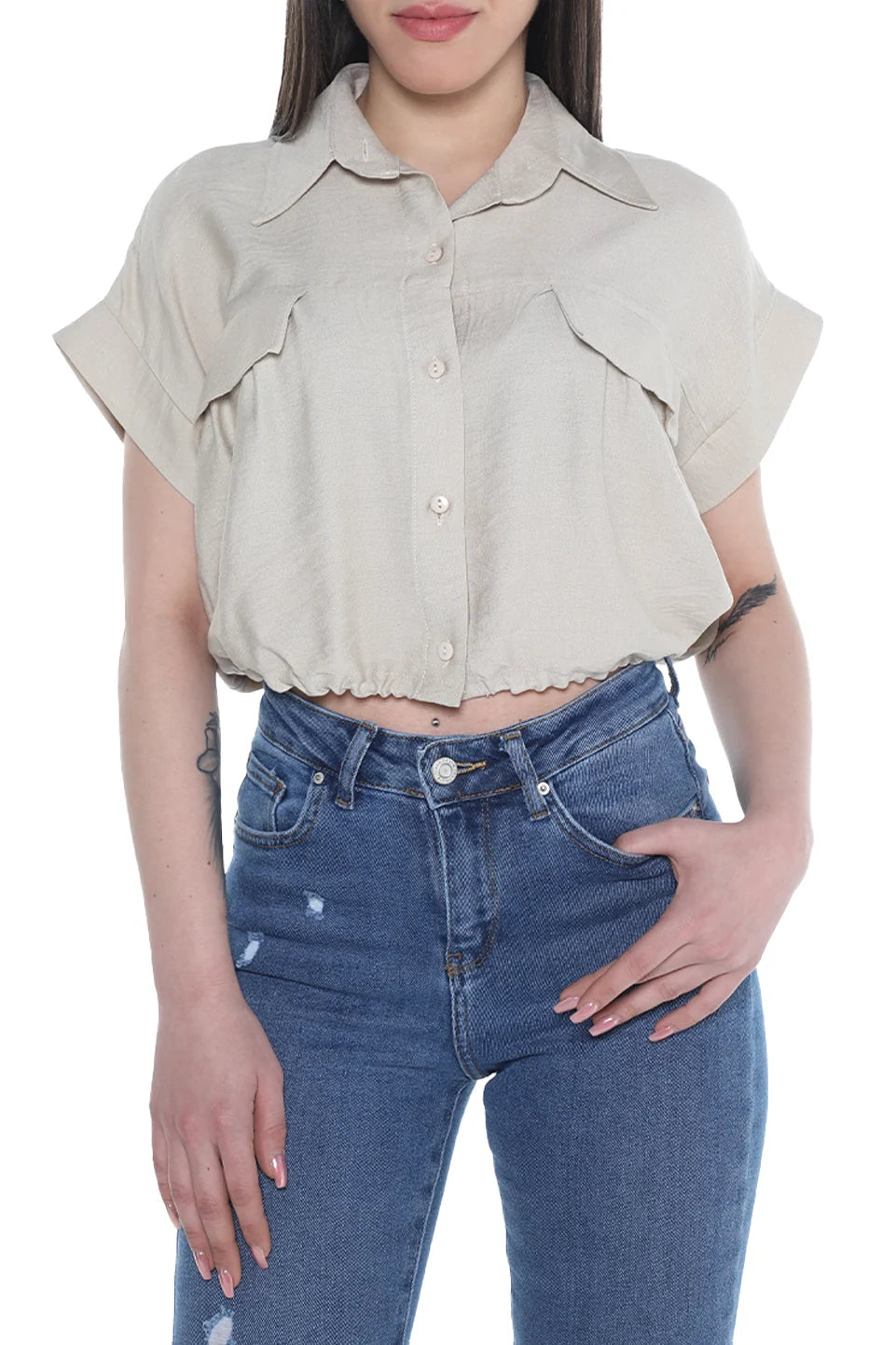Short Sleeve Crop Beige Shirt