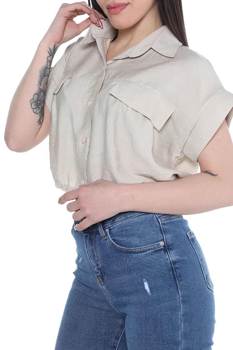 Short Sleeve Crop Beige Shirt