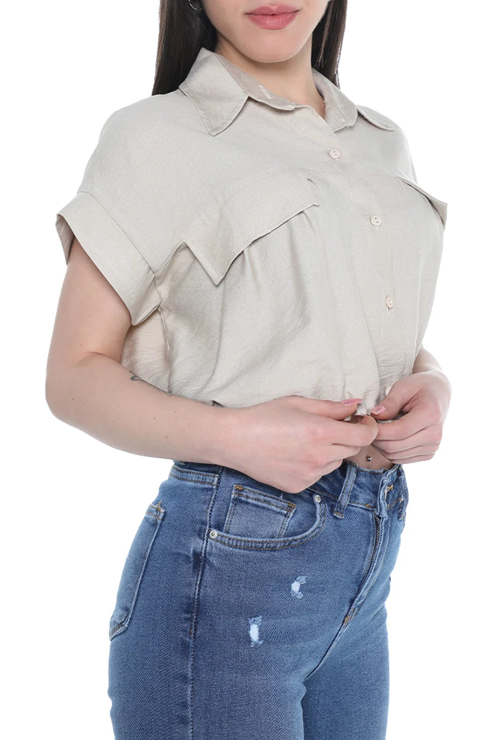 Short Sleeve Crop Beige Shirt