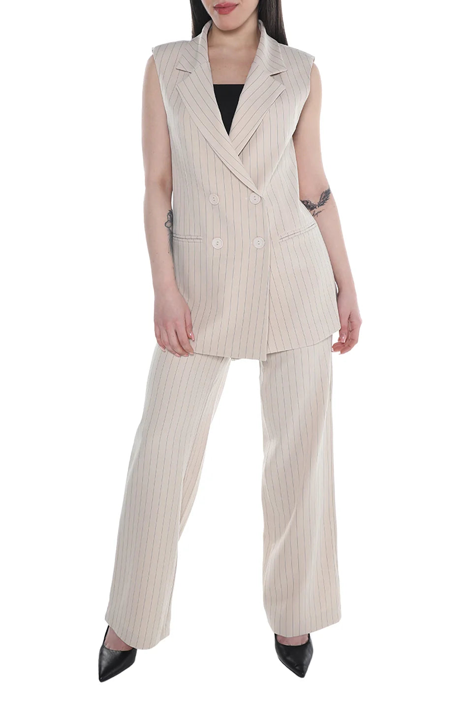 Beige Striped Vest with Botton to Close
