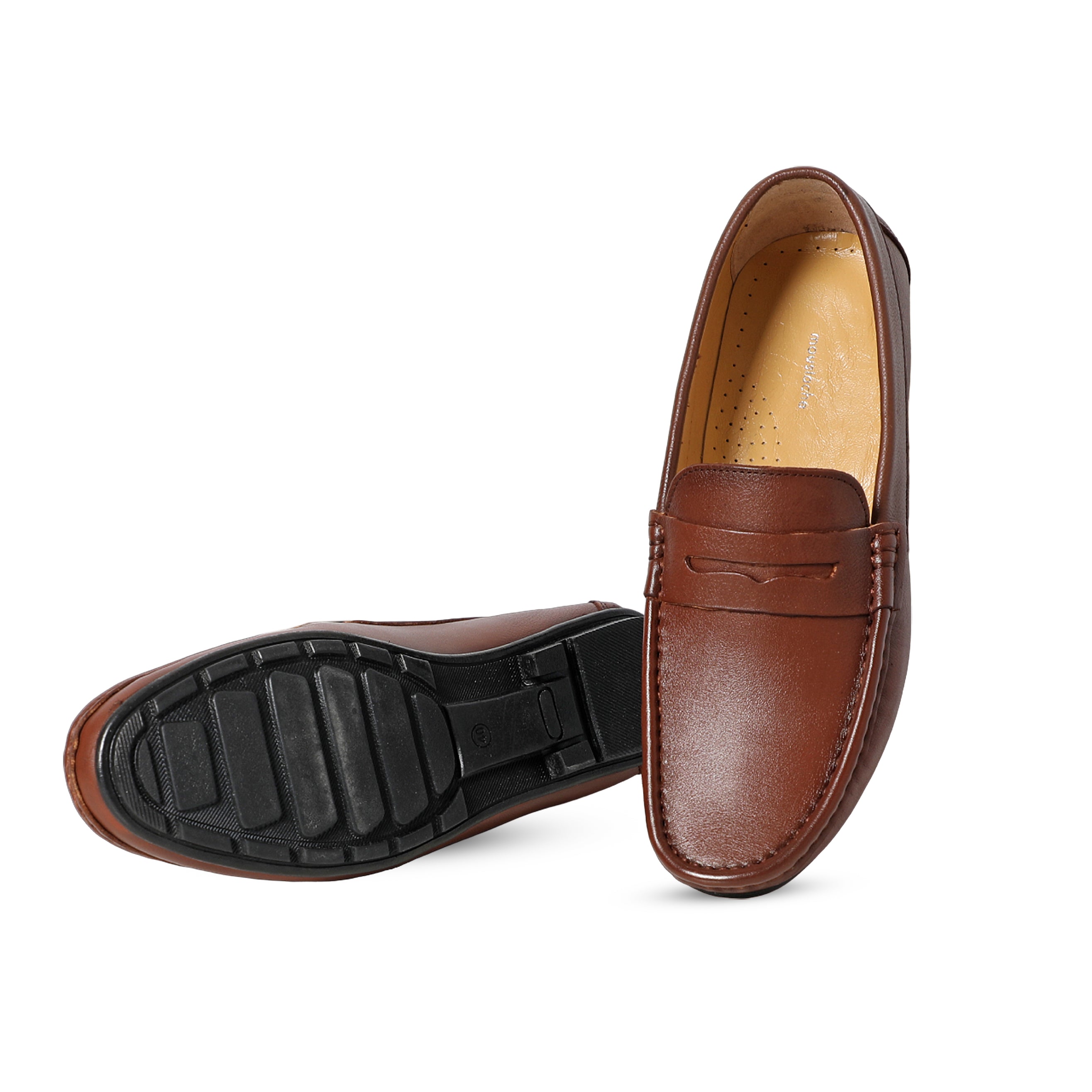Men Brown Leather Moccasins With Flat Heel