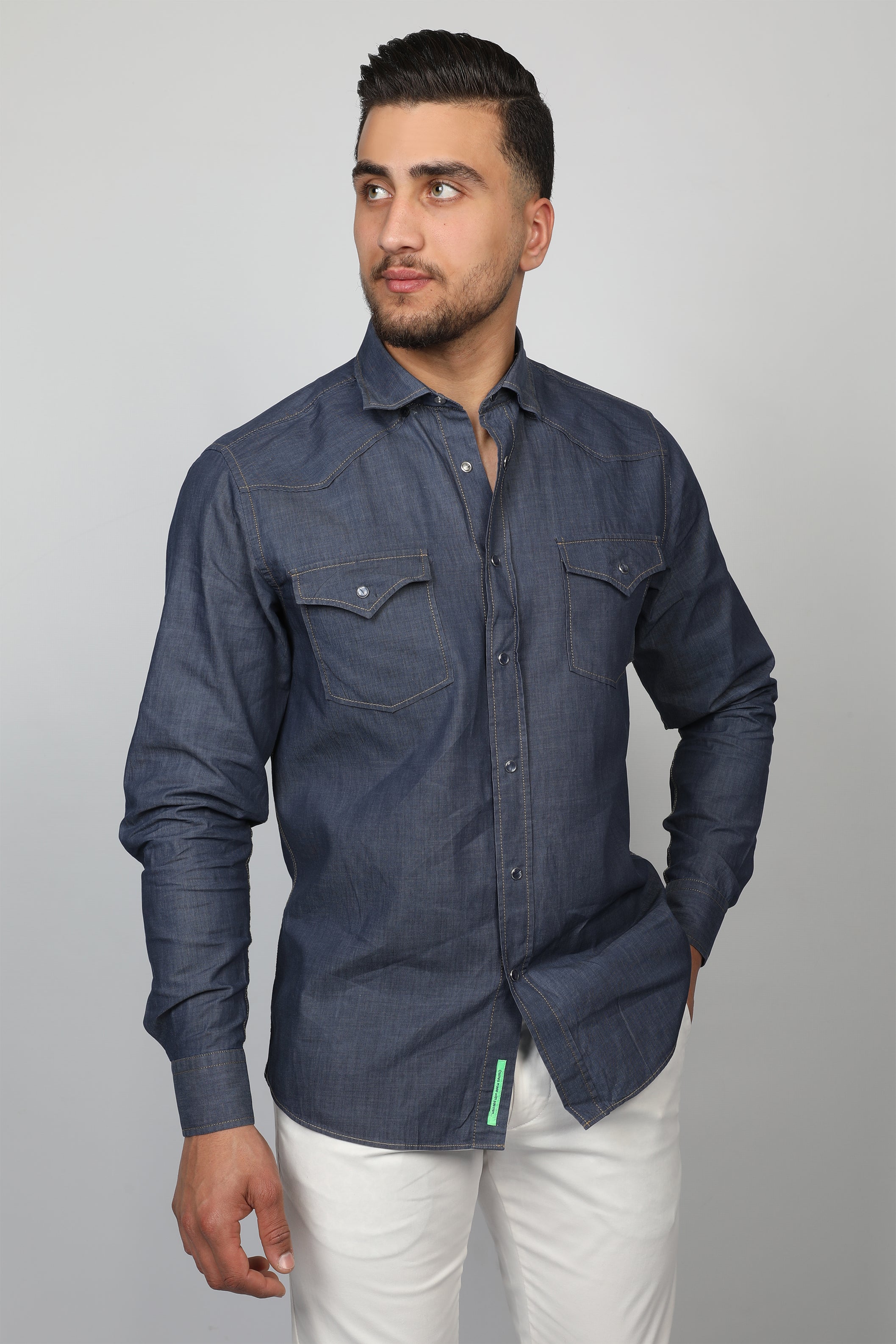 Men Navy Shirt with Chest Pockets