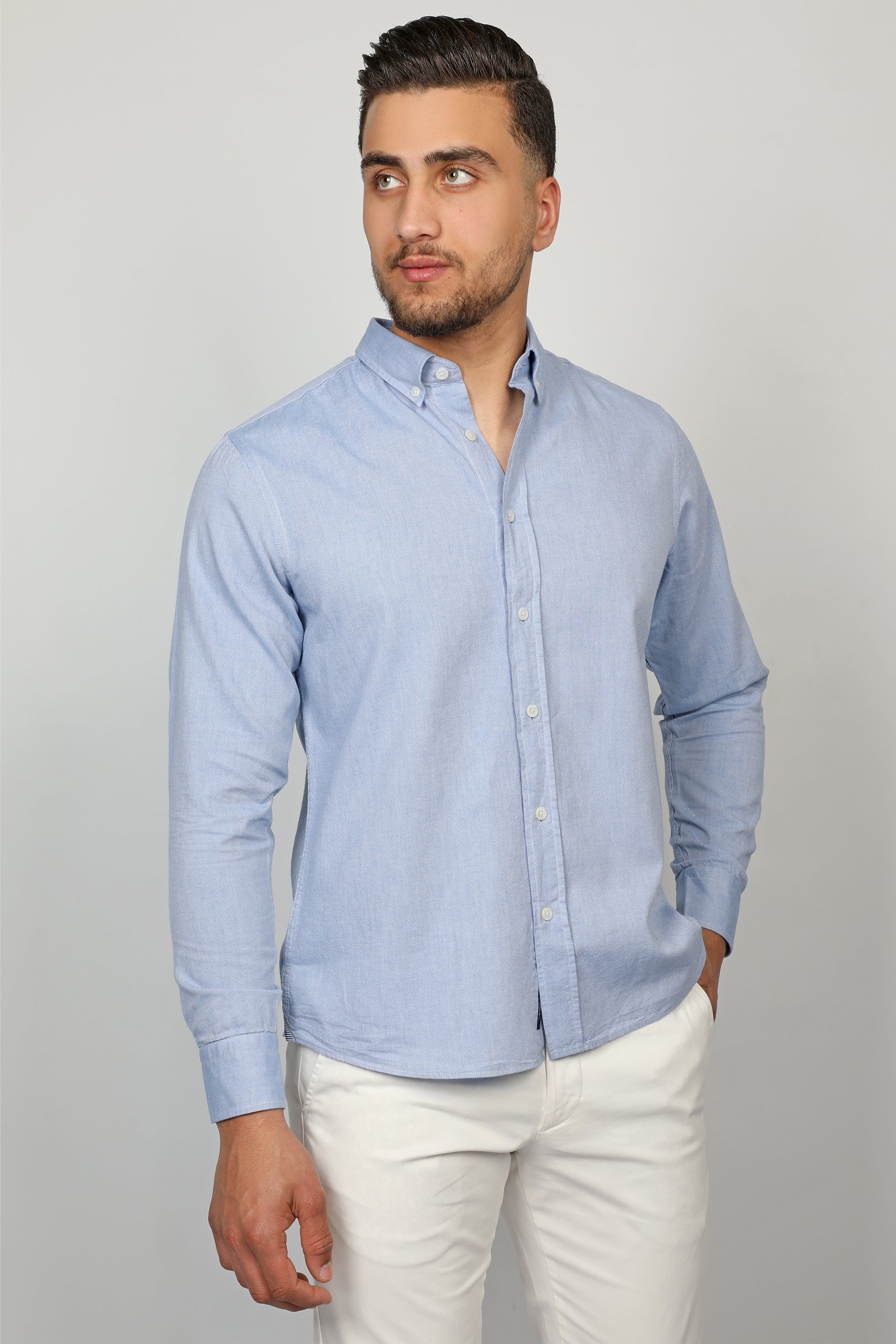 Blue Linen Shirt With White Button