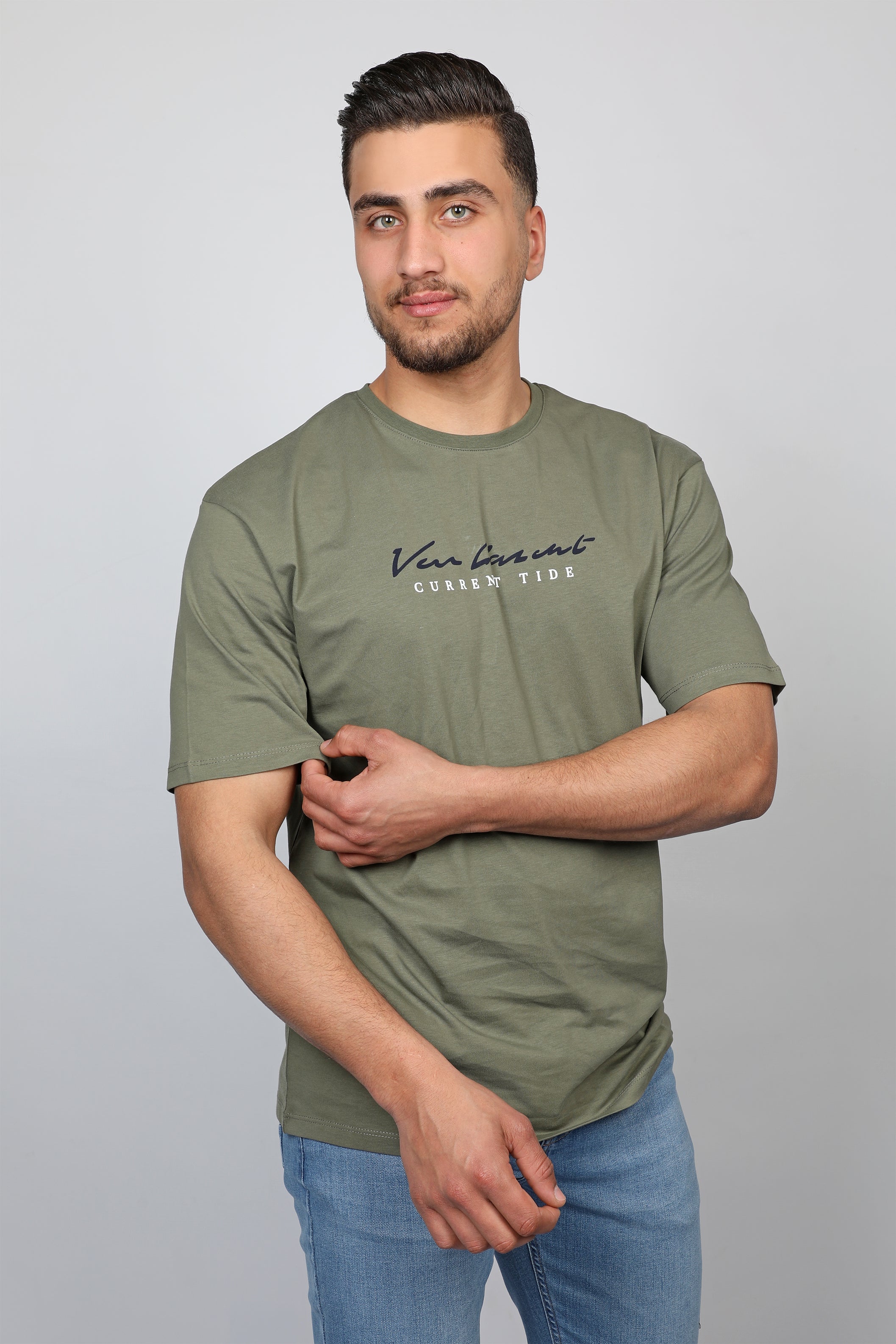 Men Olive T-shirt With Front Logo Design