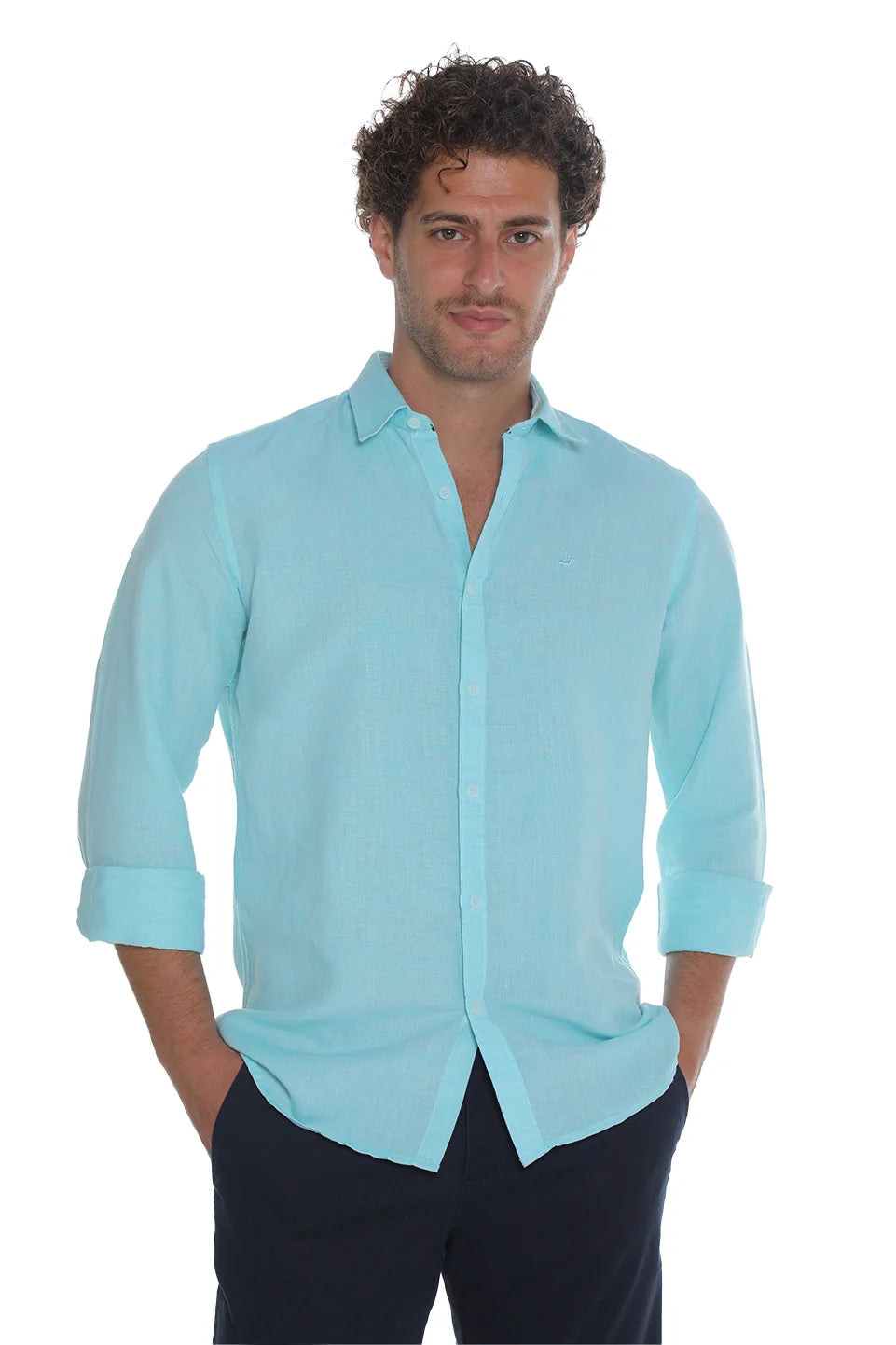 Long Sleeved Aqua Linen Shirt