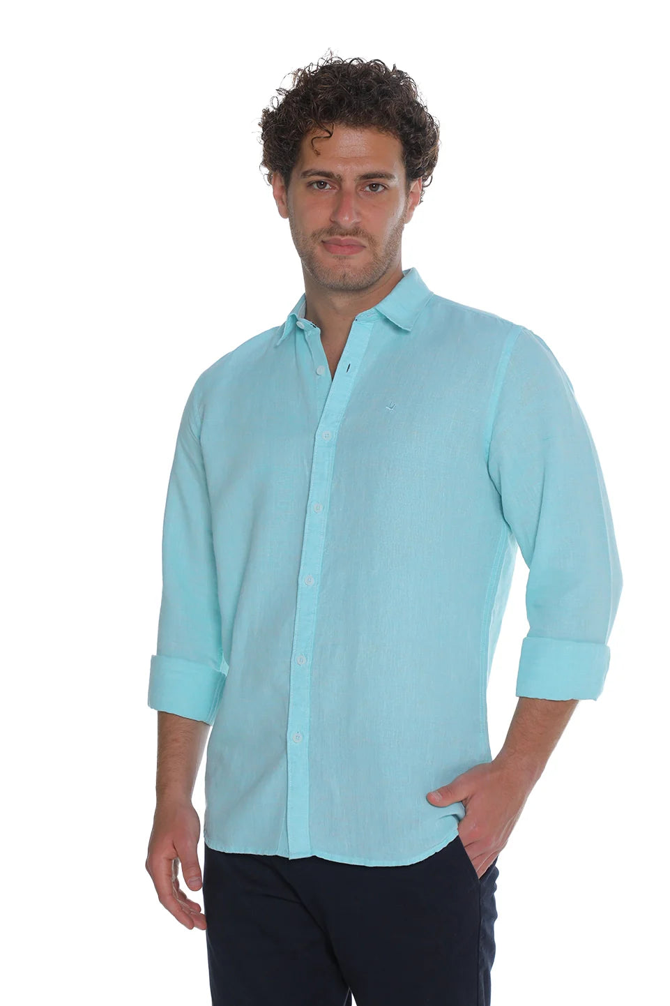 Long Sleeved Aqua Linen Shirt