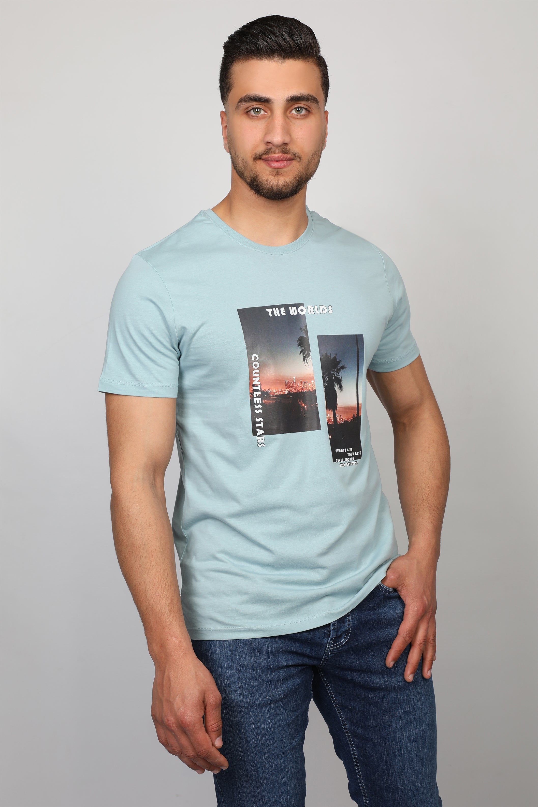 Blue Men T-shirt Front Sun Set Design