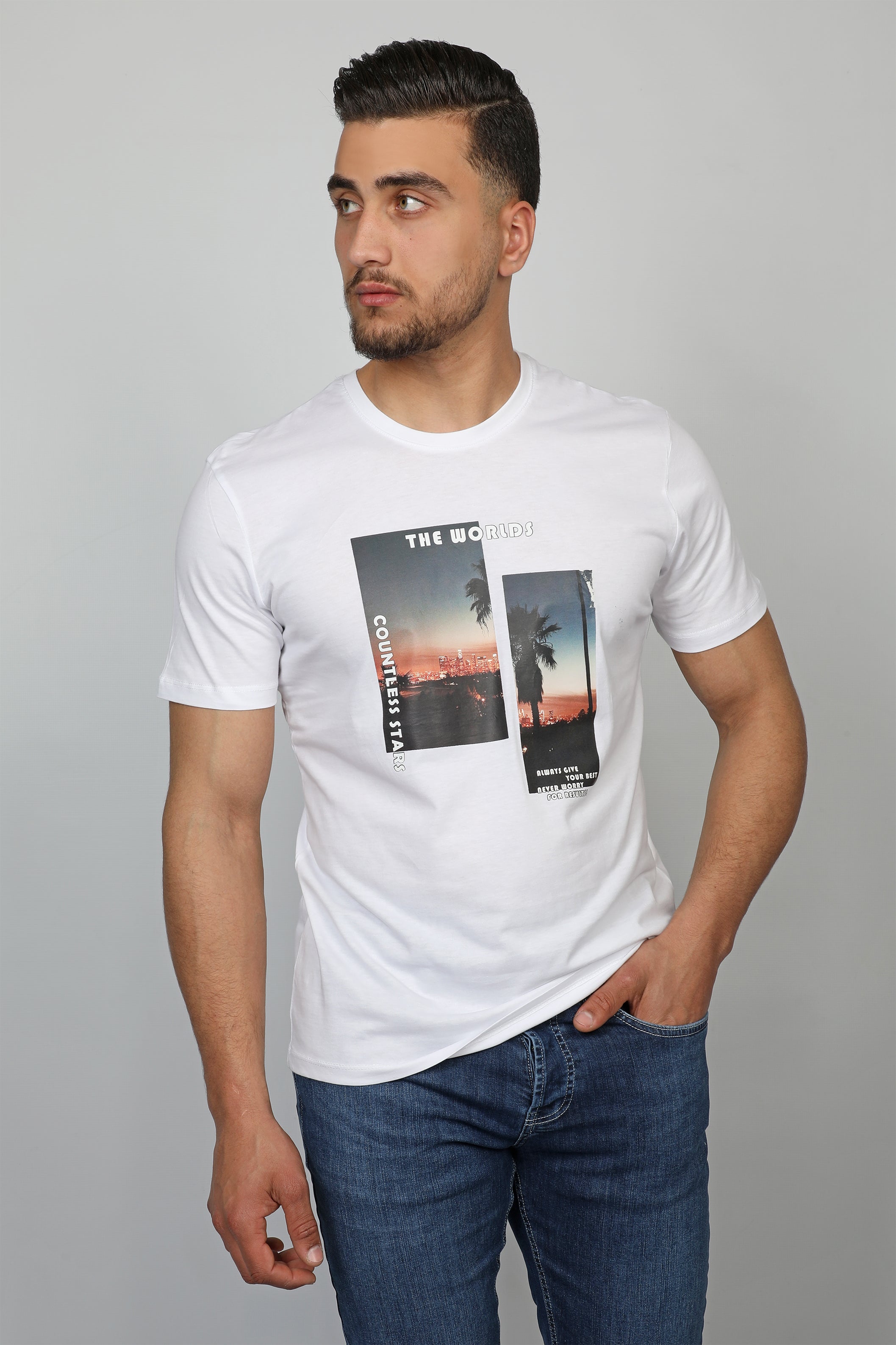 White Men T-shirt Front Sun Set Design