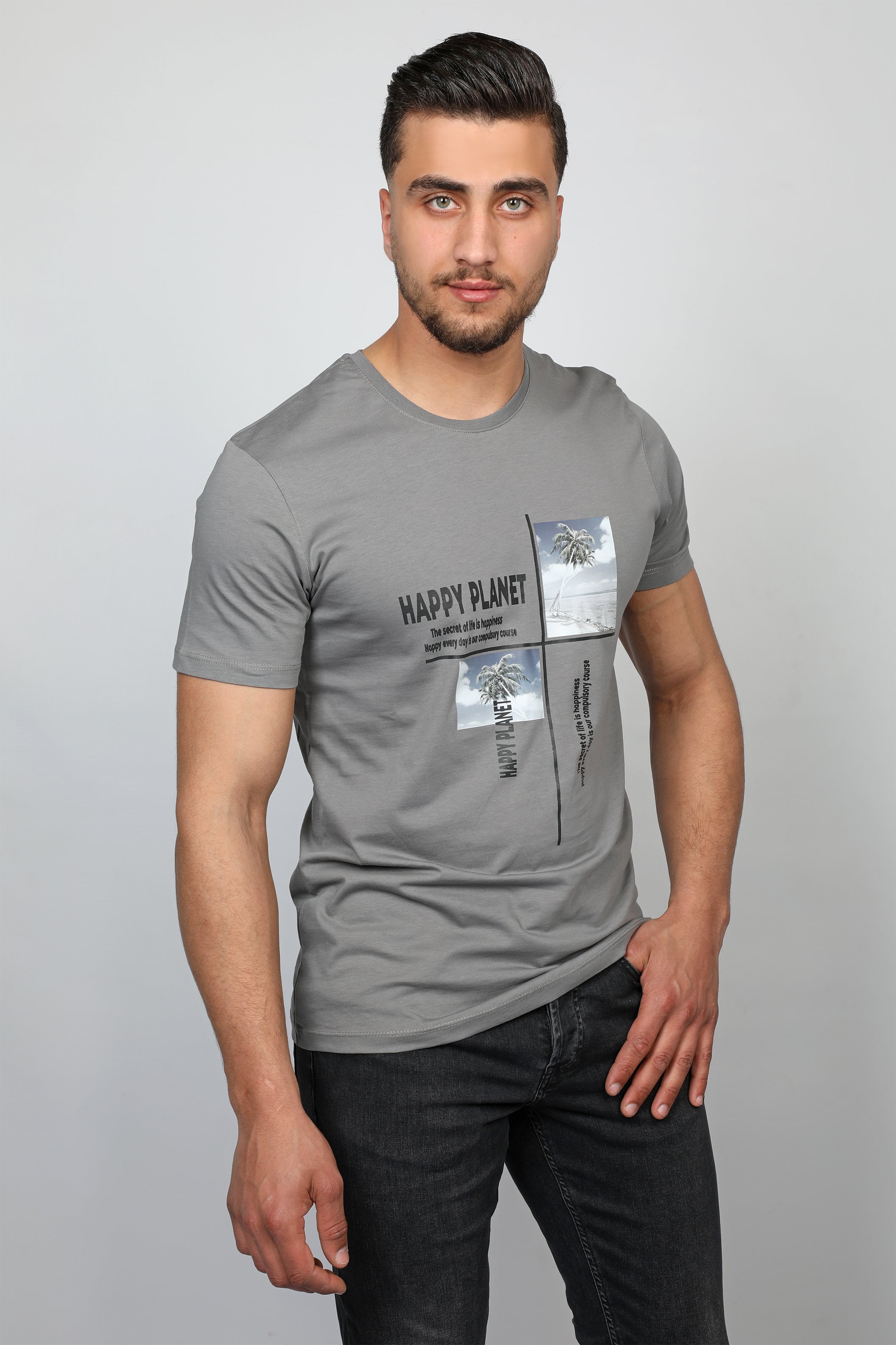 Men Dark Grey T-shirt With Happy Planet Front Design