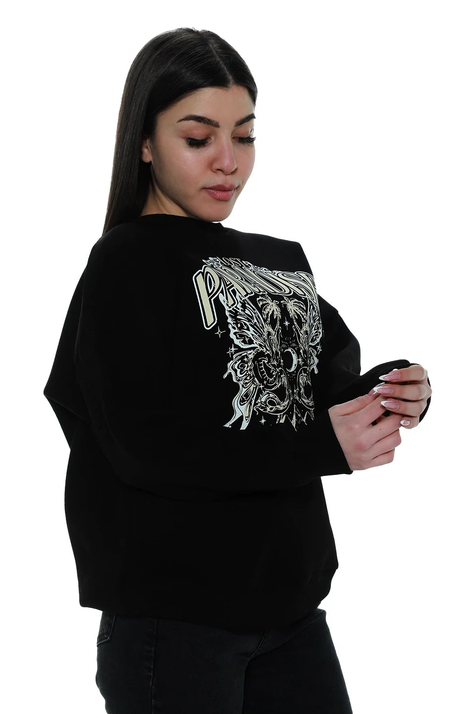 Long Sleeved Black Sweater with Printed Front Design