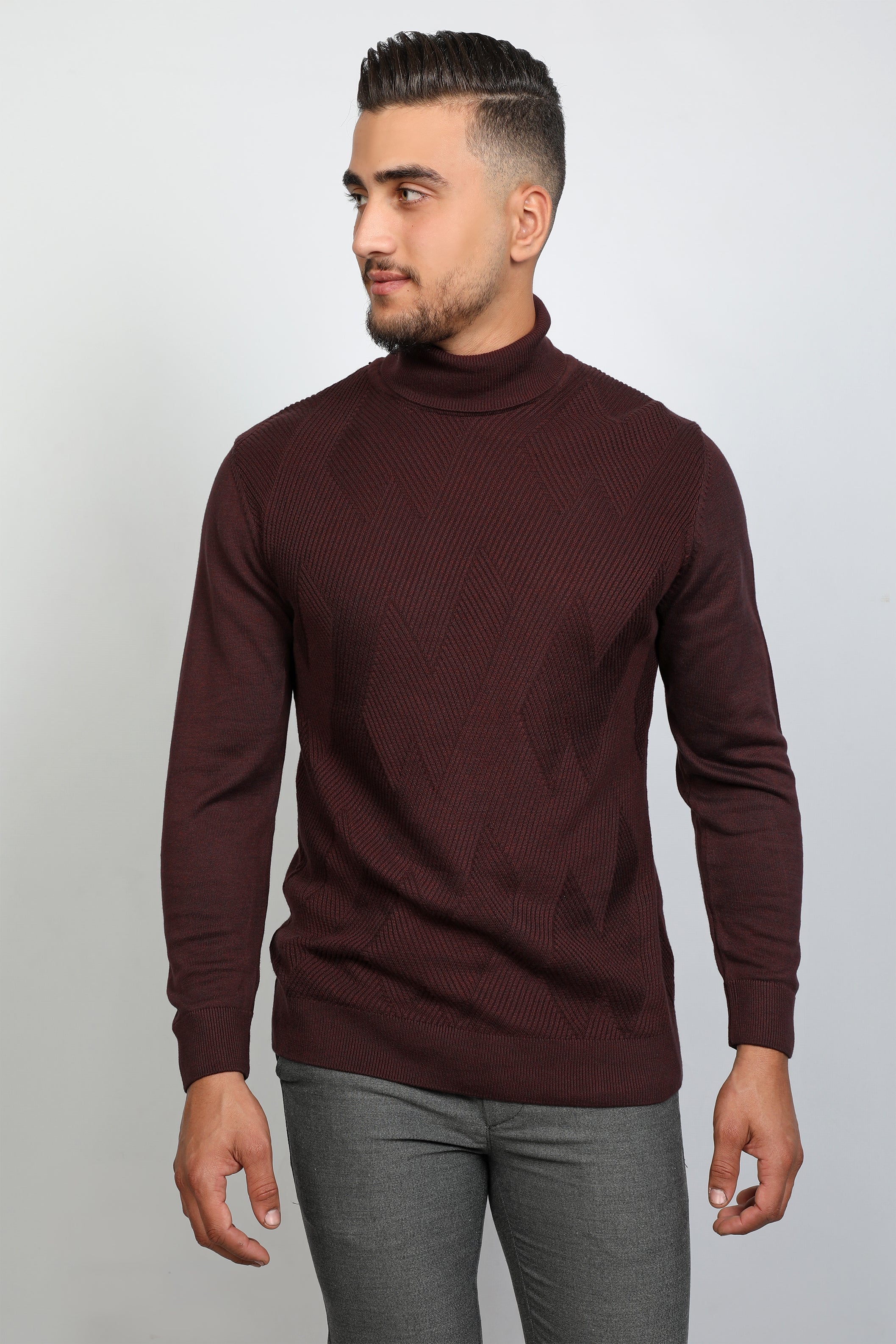 Men Classy Bordo Turtle Neck Patterned Sweater