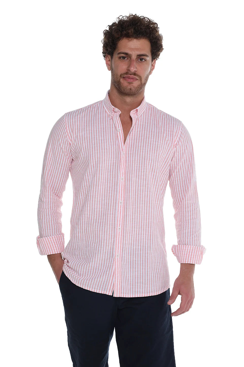 Long Sleeve Stripe Peach Linen Shirt