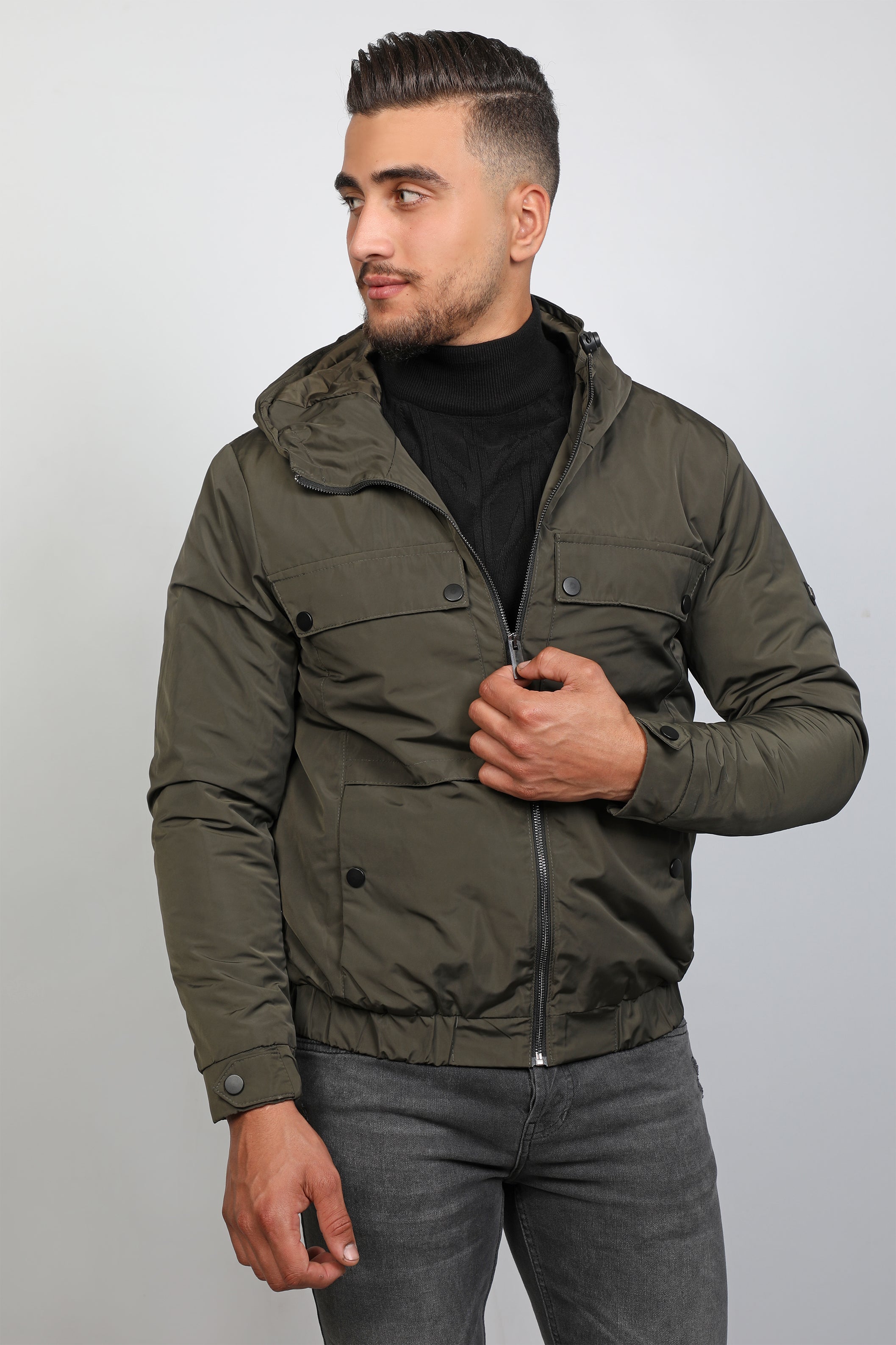Men Zipped Hoodie Designed Khaki Jacket