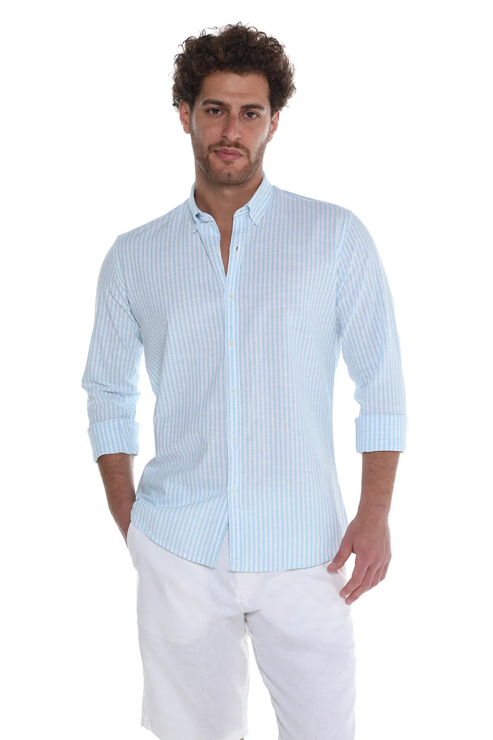 Long Sleeve Stripe Sky Blue Linen Shirt