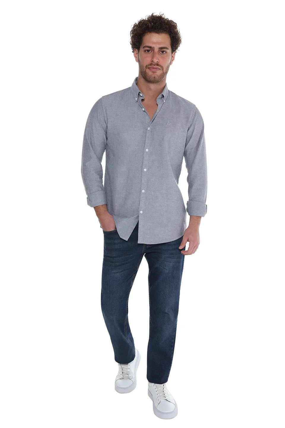 Long Sleeve Light Grey Oxford Shirt With Button Down Collar