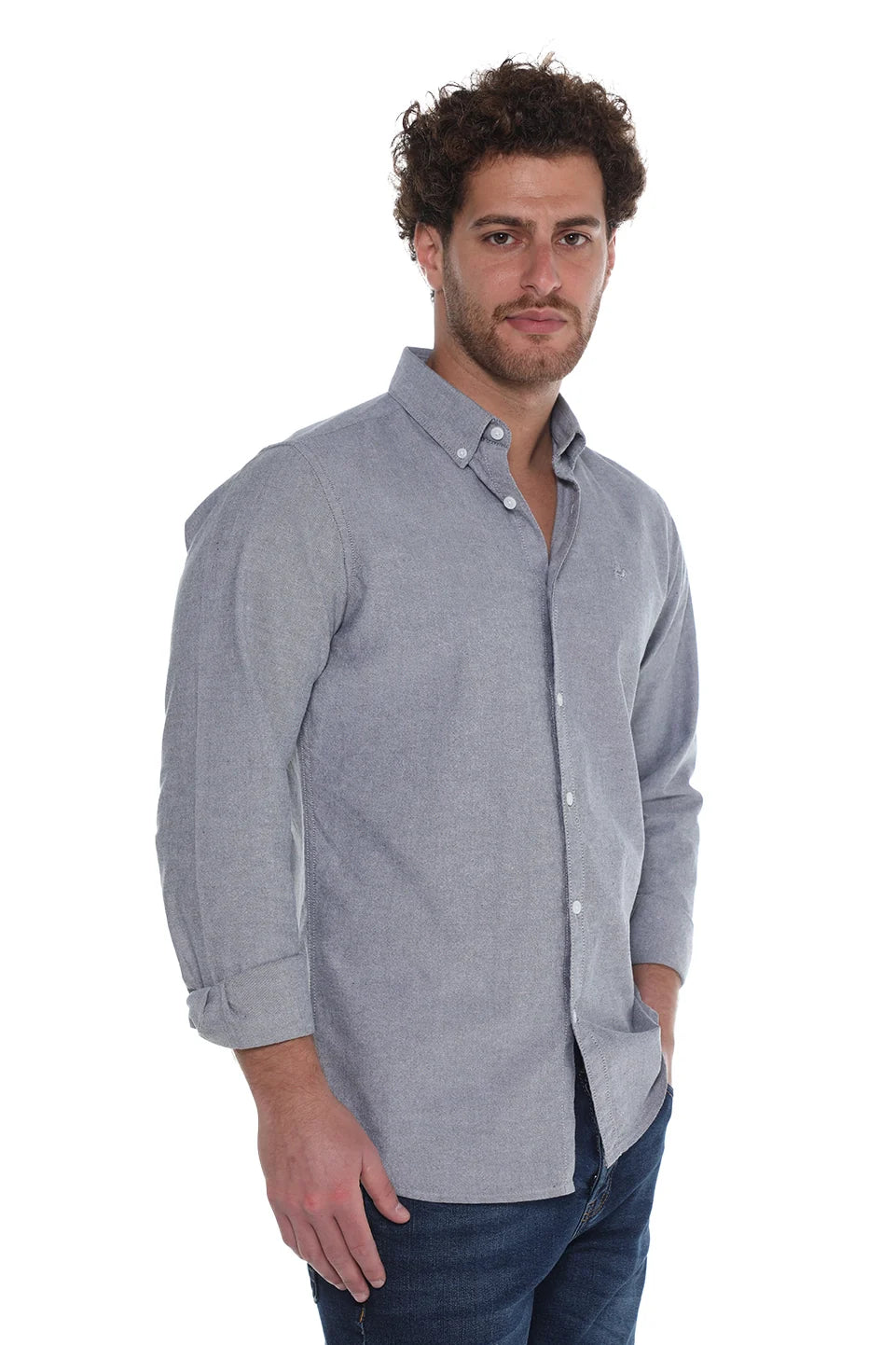 Long Sleeve Light Grey Oxford Shirt With Button Down Collar